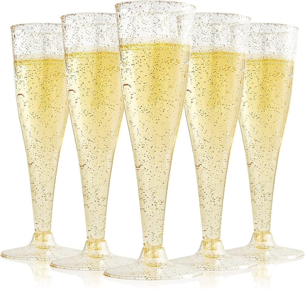 10 Pcs Plastic Champagne Flutes Disposable, 4.5oz Gold Rim Clear Plastic Toasting Glasses, Clear Plastic Cups, Plastic Champagne Glasses, Mimosa Glasses Perfect for Wedding Party, Thanksgiving Day