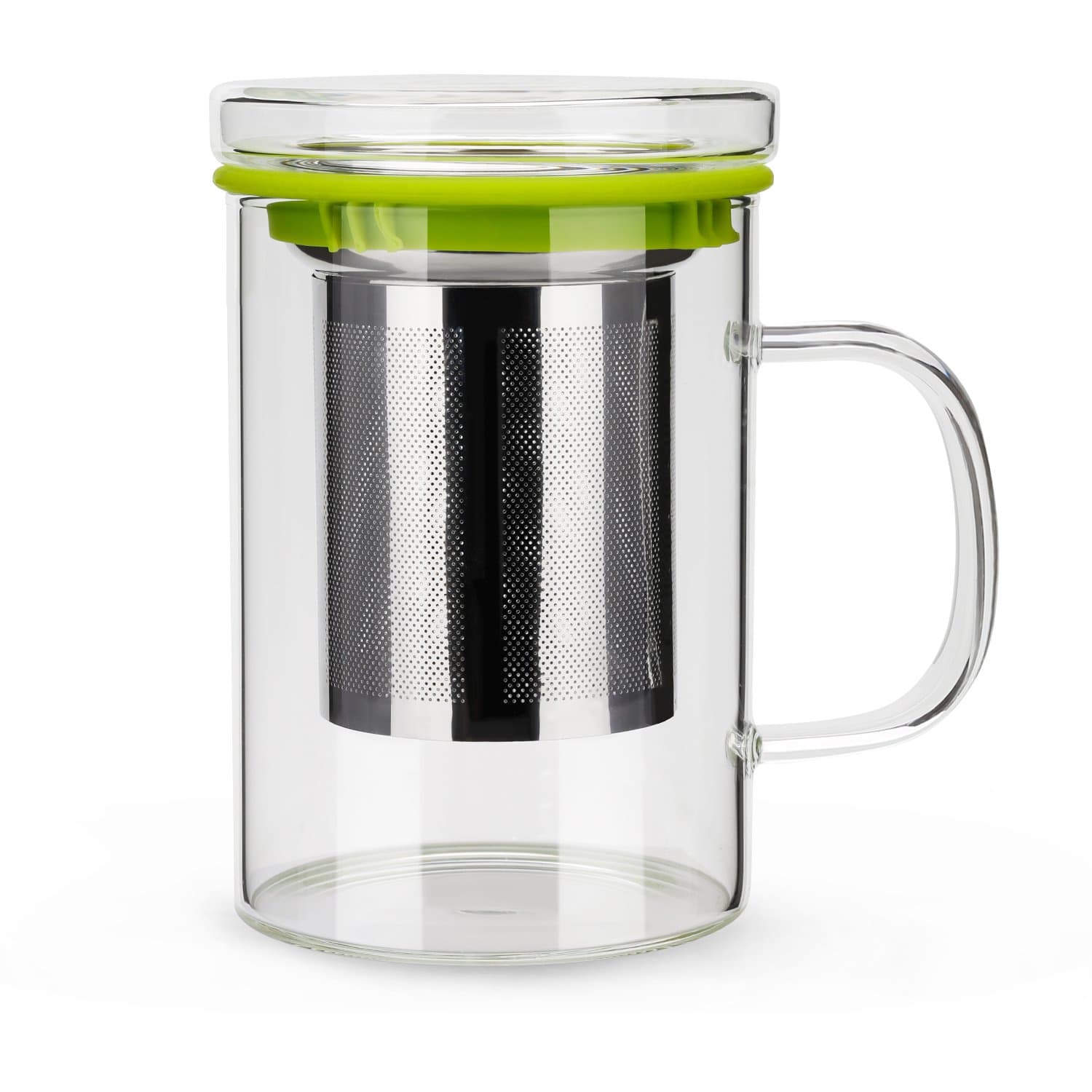 Tea Mug with Infuser and Lid for Loose Tea Brew. Made of Borosilicate Glass and Stainless Steel Strainer Wraps with a Green Silicone Band. 16.9oz, Functions as a Teapot or Teacup, BPA Free