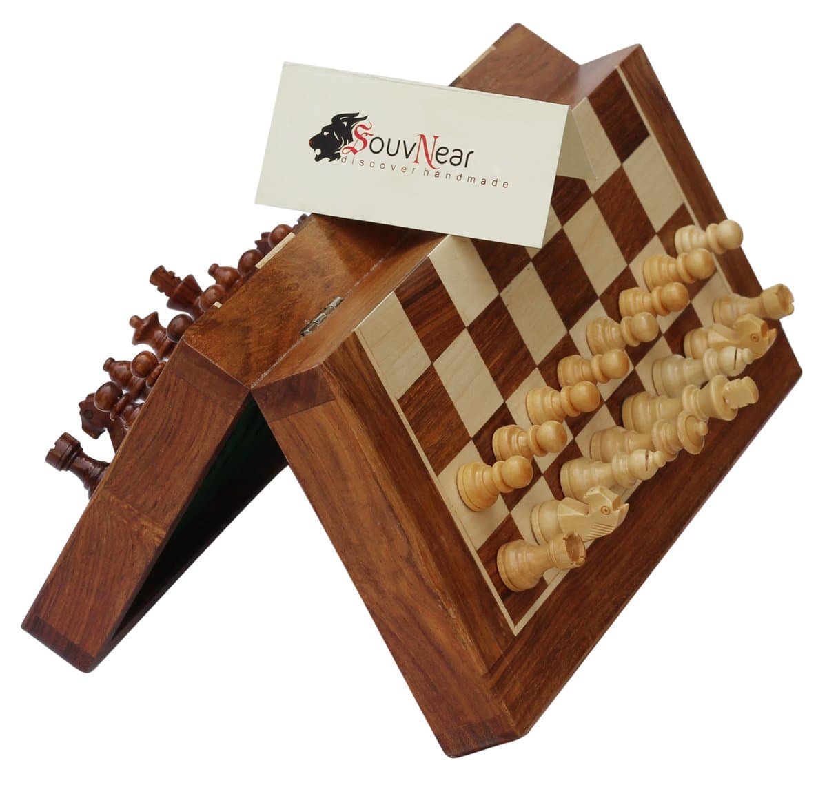 Devyom 10.5" Wood Chess Set - Handmade Premium Magnetic Folding Chess Board - Wooden Travel Staunton Chess Game with Built in Storage
