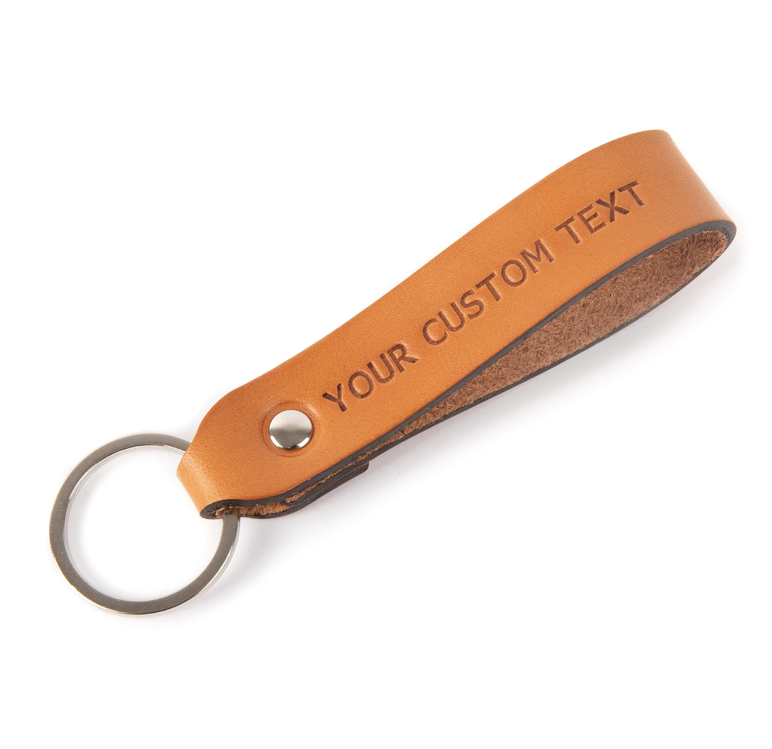 HAPPER STUDIOPersonalised tan leather key chain custom drop shape ring monogrammed keychain boyfriend fob holder clip keyring engraved gift