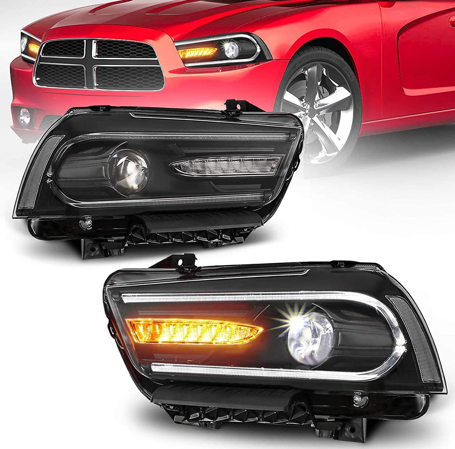 MOSTPLUS LED DRL Headlights w/Sequential light Compatible for 2011 2012 2013 2014 Dodge Charger | Dual Beam Projector Front Lamp (Set of 2)