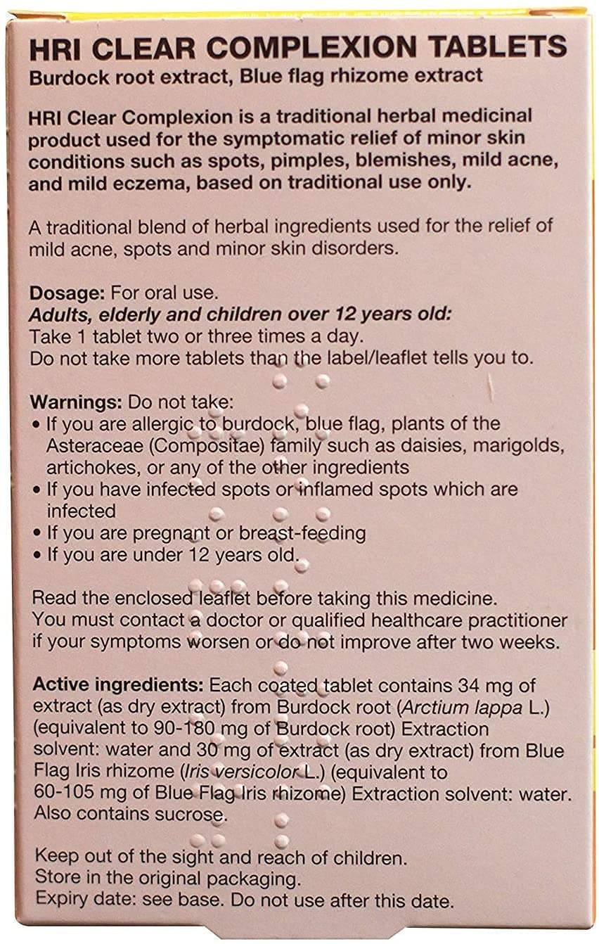 HRI Clear Complexion Tablets. Natural Active Herbs to Relieve Mild Skin Conditions - Mild Acne, Spots, Pimples, Blemishes. 2 Packs - 120 Tablets