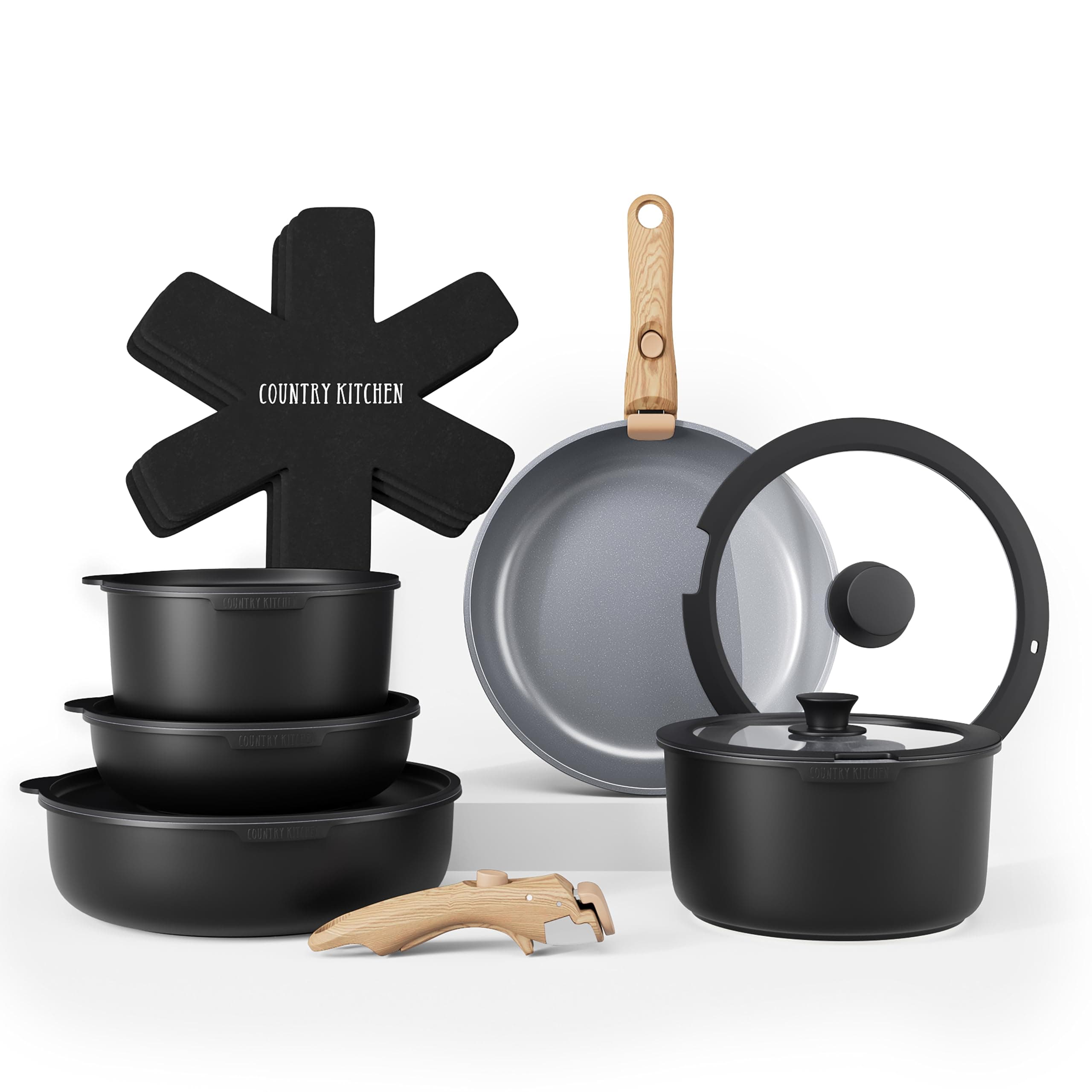 Country Kitchen Cookware Set with Removable Handle, Oven & RV Safe Pots and Pans Set, Black/Grey Wood Handle, Original