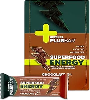 Plusbar Energy Chocolate | Gluten Free Energy Bar | Organic Greens | Organic Dark Chocolate | Non GMO | 12 Bars
