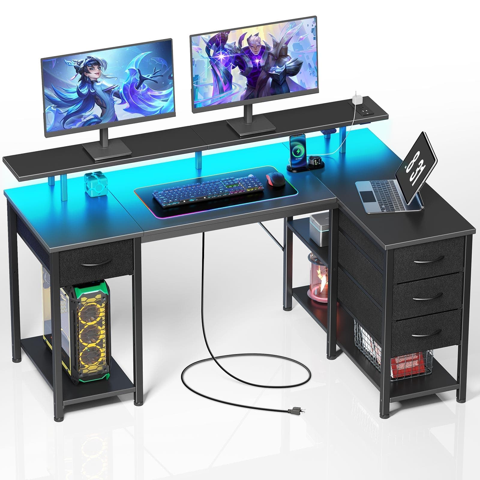 Seventable L Shaped Computer Desk with Drawers 47.2 inch, Gaming Desk with Power Outlets & LED Lights,Reversible Office Desk with Storage Shelves, Corner Desk with Monitor Stand for Black