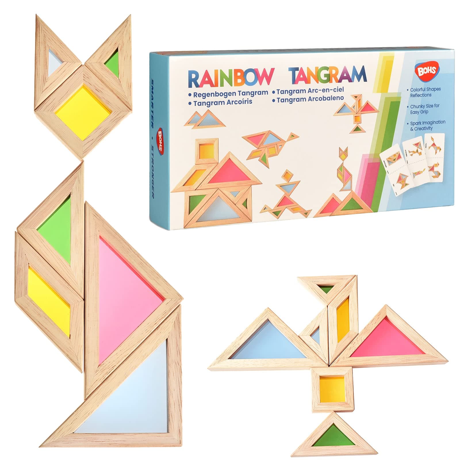 BOHS Translucent Tangram with Multilingual Activity Cards - 1 Inch Thickness - Preschool Gift - Kids Kindergarten Light Table Accessories/Window Puzzle Toys
