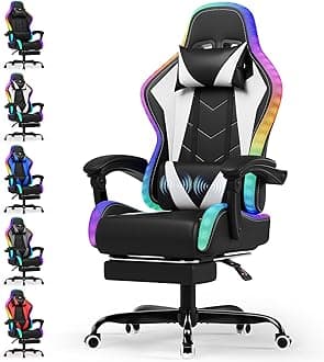 Devoko LED Gaming Chair with Footrest – Ergonomic Reclining Game Chair for Adults with Massage Lumbar Cushion, RGB Lights, High Back, Adjustable PC Gamer Chair, White