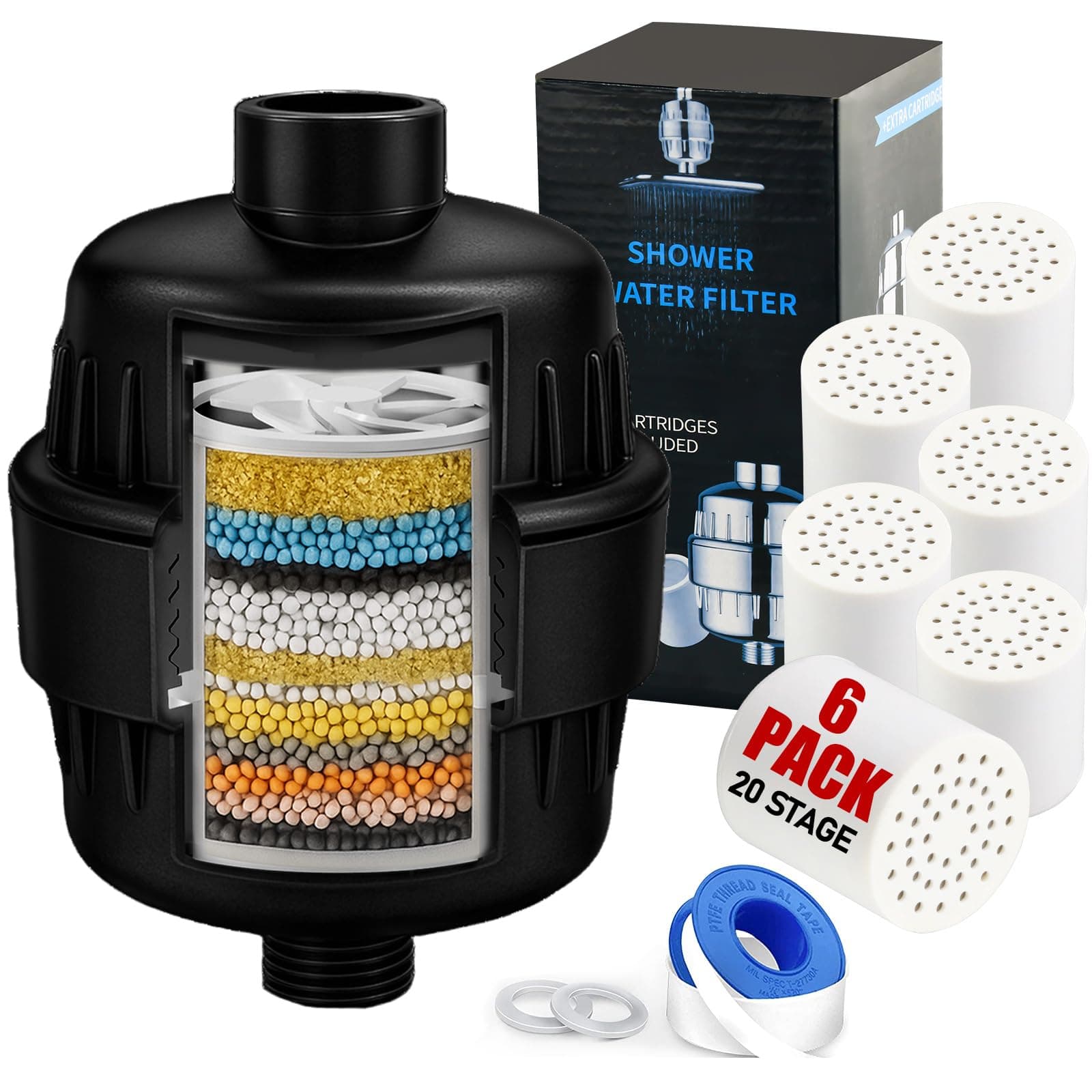 Matte Black Shower Head Filter with 6 Replacement Cartridges - 20 Stage Water Softener for Hard Water - Reduce Chlorine and Fluoride - Ideal for Improve Skin, Hair, and Scalp Condition