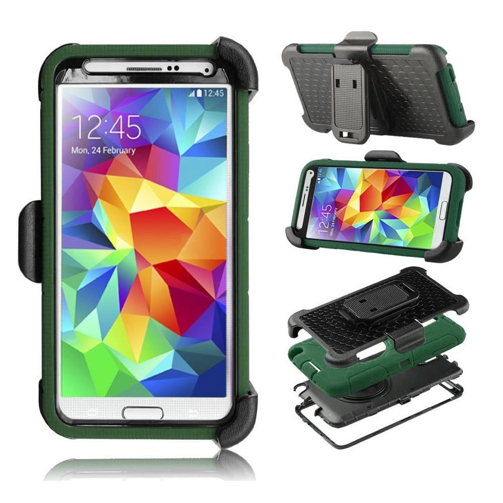 Galaxy S5 Case, I9600 Case, Aitech TPU Rubber & Silicone Ultra Shock&drop-proof Amy-grade Protective Hard Defender Case with Stand & Clip for Samsung Galaxy S5 I9600-Army Green