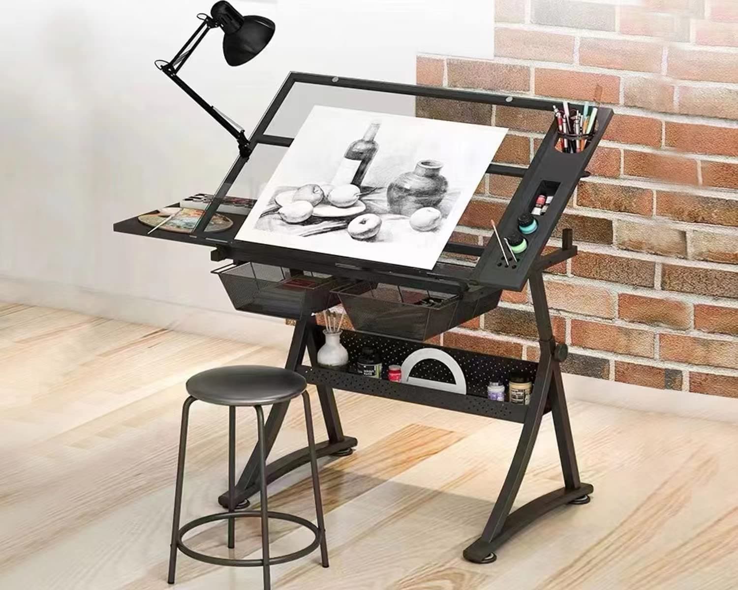 Glass Drafting Table Art Desk – Adjustable Professhional Artwork Drawing Drafting Table Desk, Glass-Topped Art Table for Craft Station Studio Home Office School w/Drawers (Black)