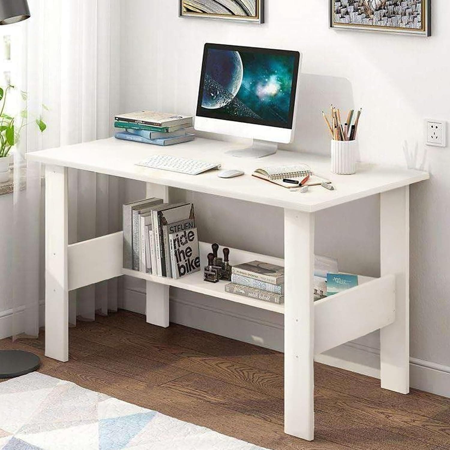 Lukzer Engineered Wood Computer Desk Work Desk with One Tier Shelves Laptop Study Table for Office Home Workstation Writing Modern Desk (ST-004/ White / 90 x 50 x 77 cm)