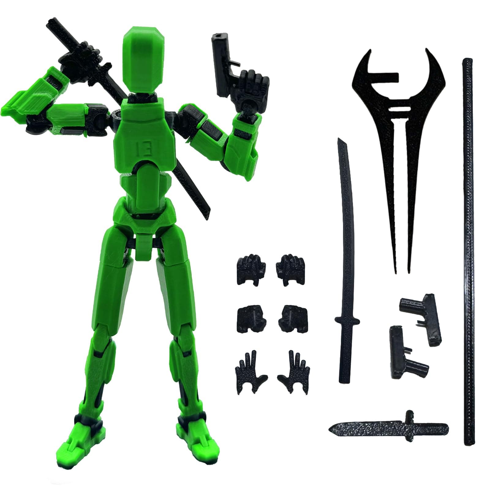QAONIE 3D Printed 5.54-inch Multi-Jointed Action Figures Dummy13, Full Body Mechanical Movable Toy, Multiple Accessories, Hand Painted Figure, Desk Decoration, Creative Gifts (Green)