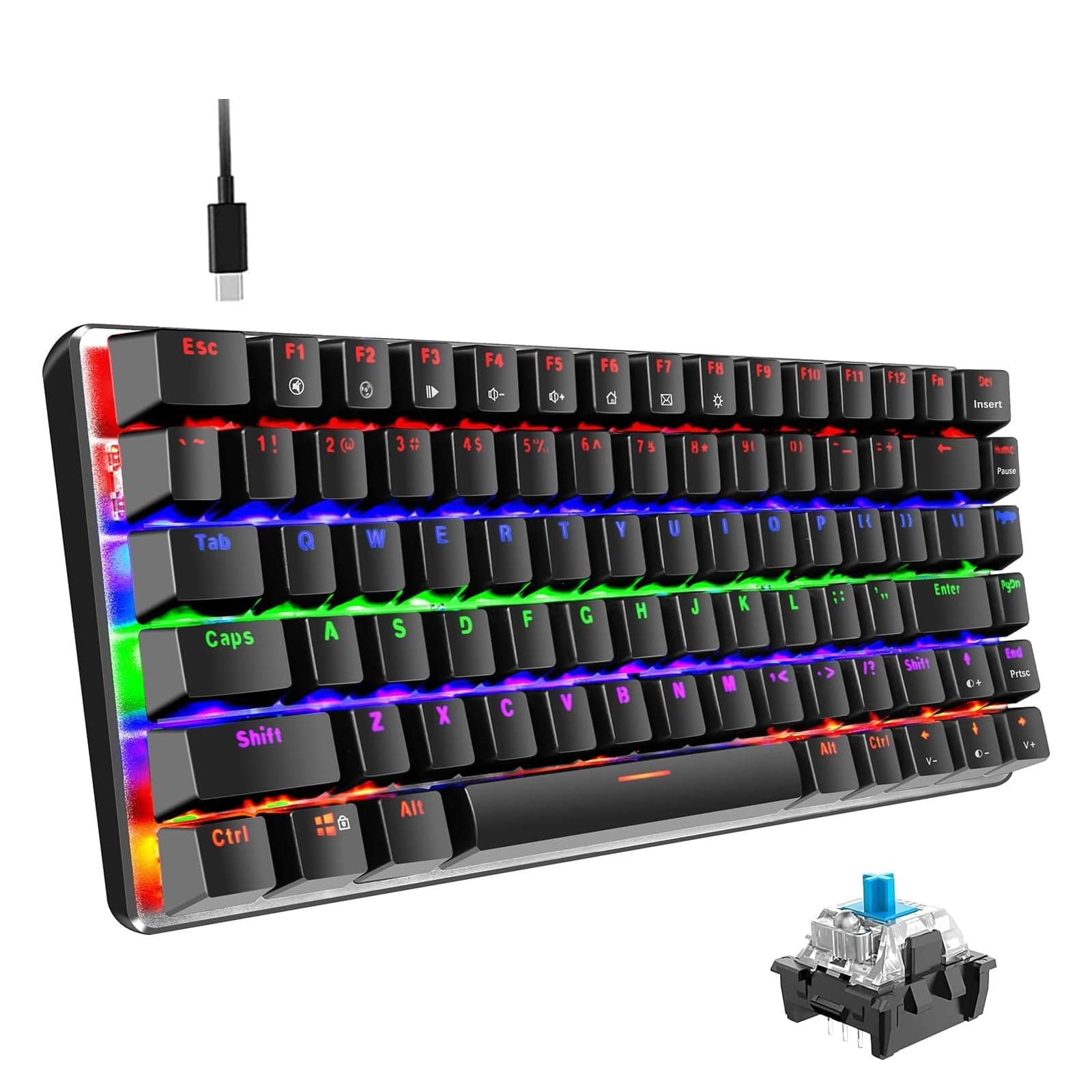 Mechanical Keyboard, AK33 Rainbow LED Backlit USB Cable Gaming Mechanical Keyboard, 82 key Compact Mechanical Gaming Keyboard with Anti-ghosting Keys for Gamers & Typists(Blue switch, Black)
