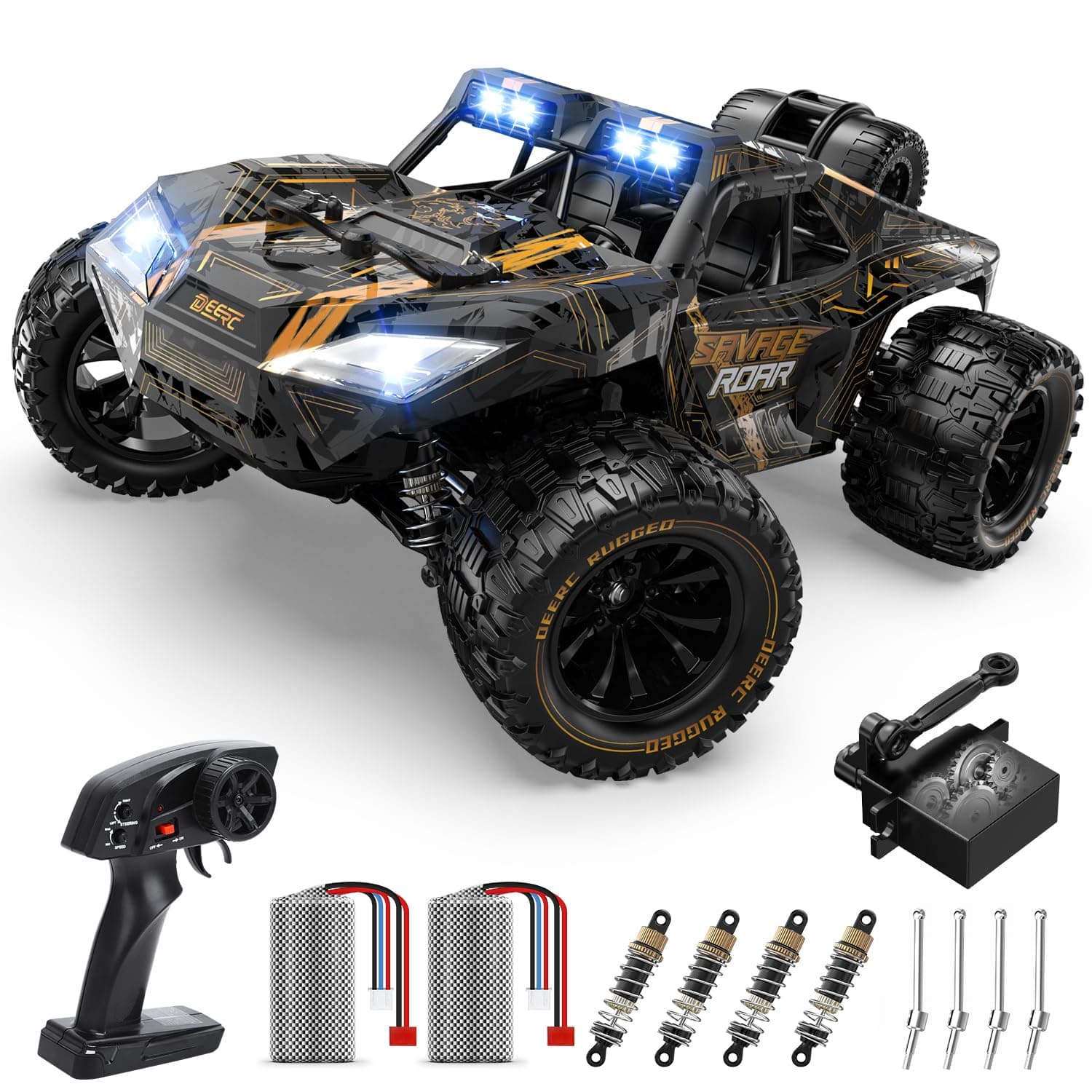 DEERC 1:14 Crawler RC Car, 48Kph High Speed RC Truck with LED Headlight for Boys Aldult, Offroad 4x4 2.4Ghz Remote Control Car, Monster Truck Toy, 2 Batteries, 40 Mins Running Time