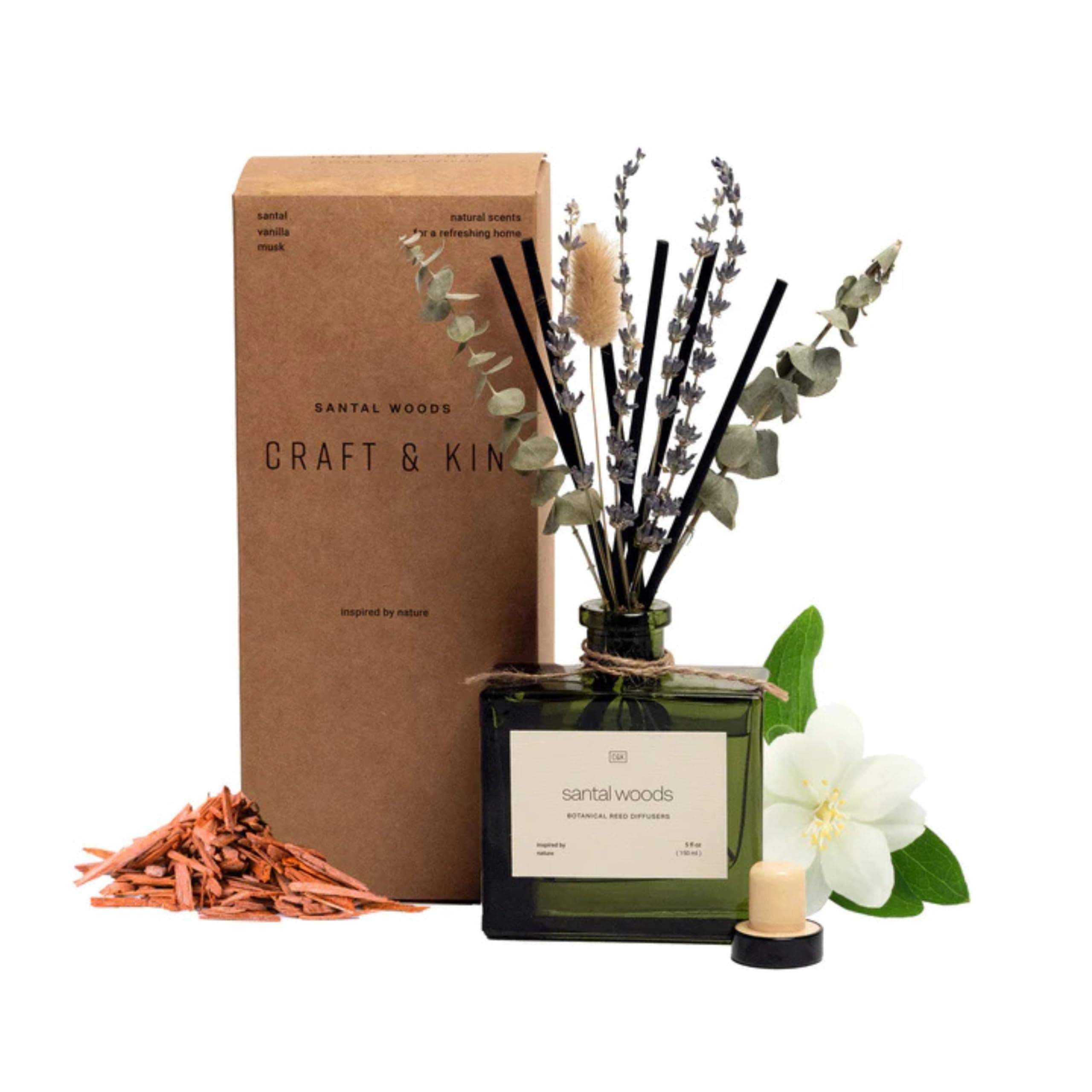 Reed Diffuser Set with Dried Flowers, 5 oz Santal Woods Scented Reed Diffuser with Sticks, Scented Sticks Diffuser, Elegant Home Decor & Office Décor