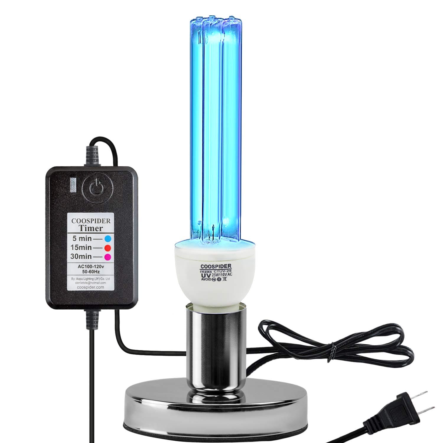 UV Germicidal Lamp UV-C Light Bulb with Base Timer 5/15/30 Minutes E26 25w 110v Covers up to 400sq ft. UVC Ozone Free