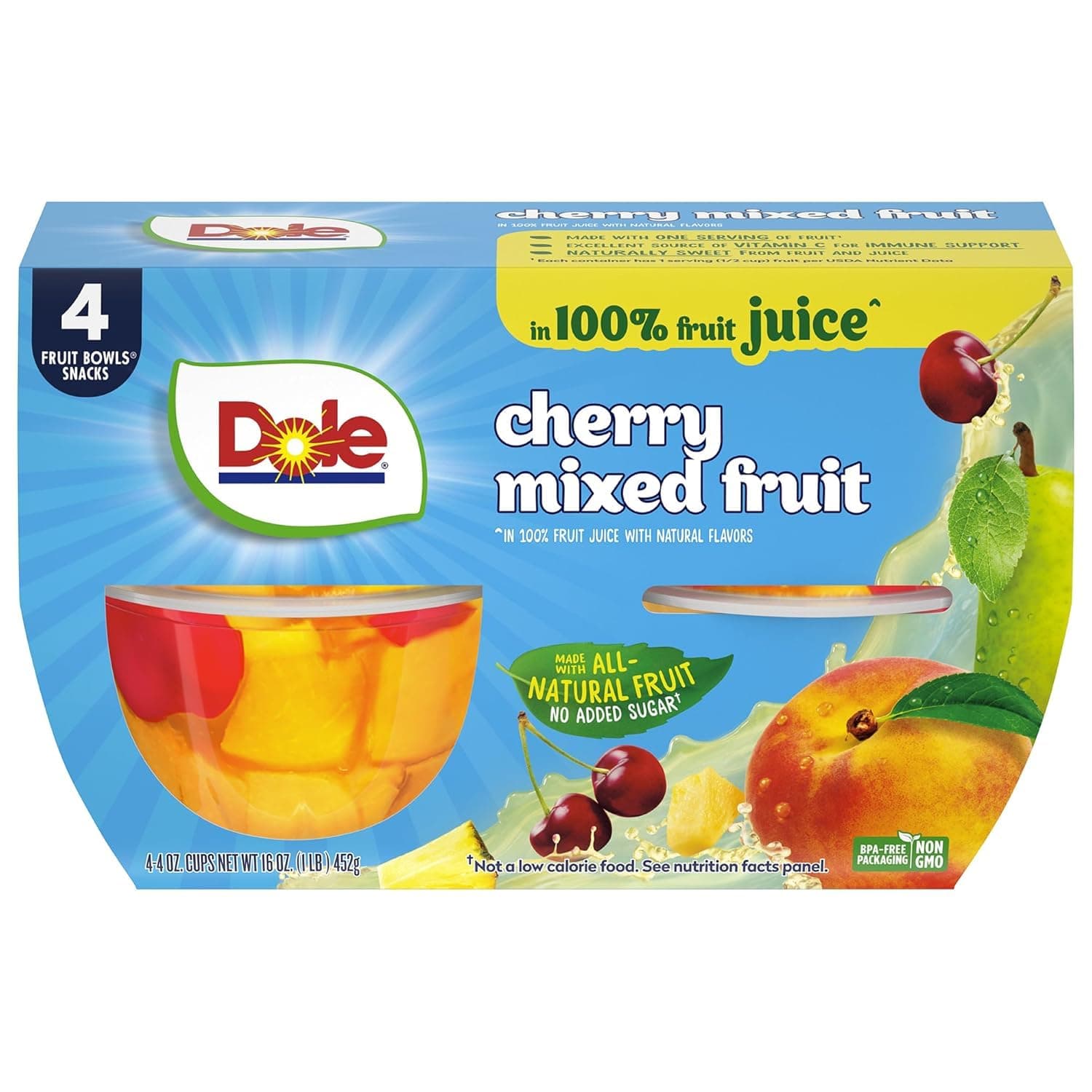 Cherry Mixed Fruit in 100% Juice - Dole Fruit Bowls Snacks - 4 oz Fruit Bowls - 4 Pack