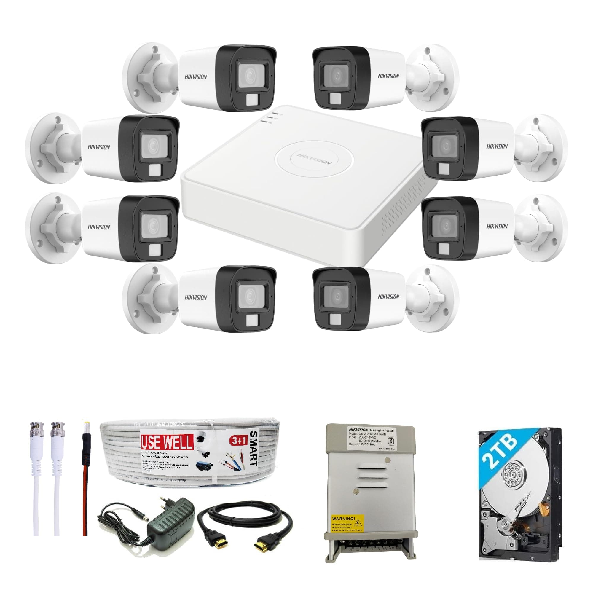 HIKVISION Full HD 8 Channel DVR with 2 MP 8 Outdoor Cameras [COLOR NIGHT VISION + BUILT-IN AUDIO MIC + SMART DUAL LIGHT + MOTION DETECTION] + 2 TB HDD + 8 Ch SMPS, USEWELL CCTV Cable+BNC/DC Set, WHITE