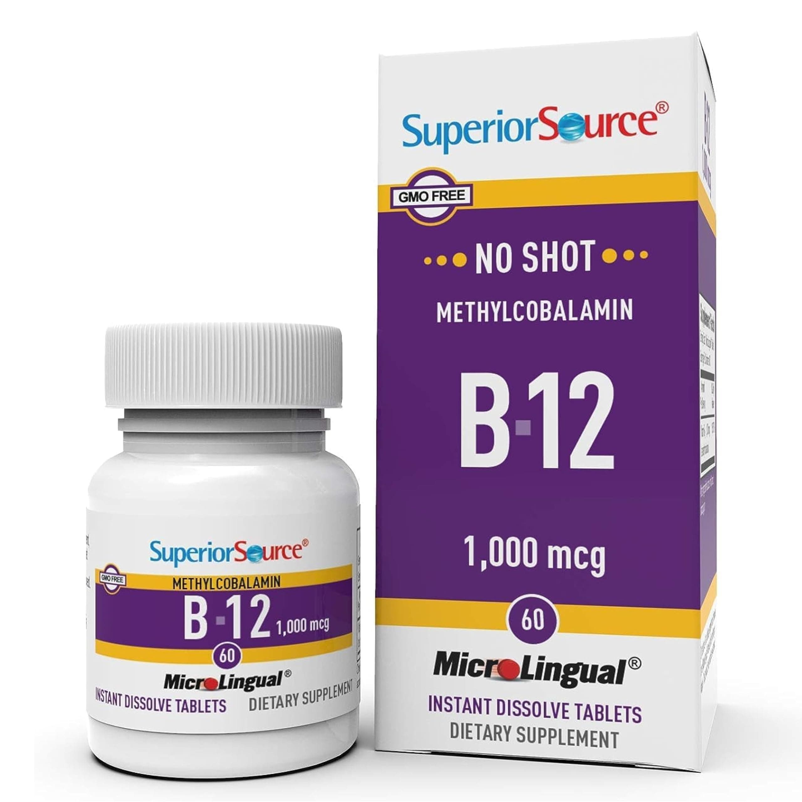 Superior Source No Shot Methylcobalamin B-12 1,000 mcg - Vitamin B-12 to Support Energy Production, Brain Health & Overall Wellness - Sublingual Tablets for Rapid Absorption - 60 Dissolving Tablets