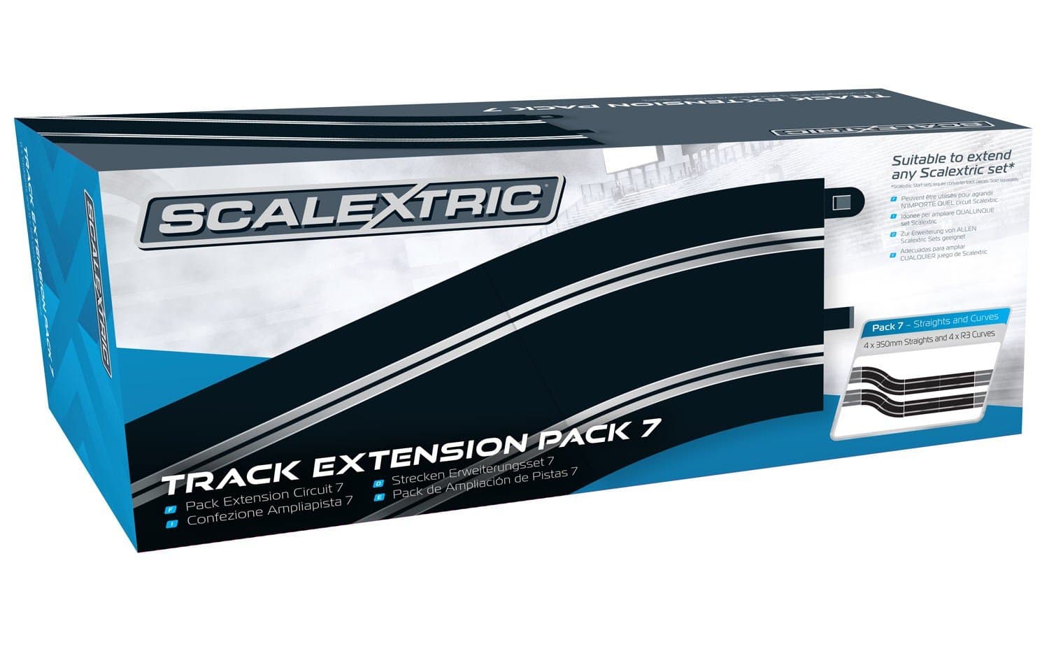 Scalextric C8556 Track Extension Pack 7 - 4 x 350 mm Straights, 4 x Radius 3 Curve 22.5° Track Accessory,Black