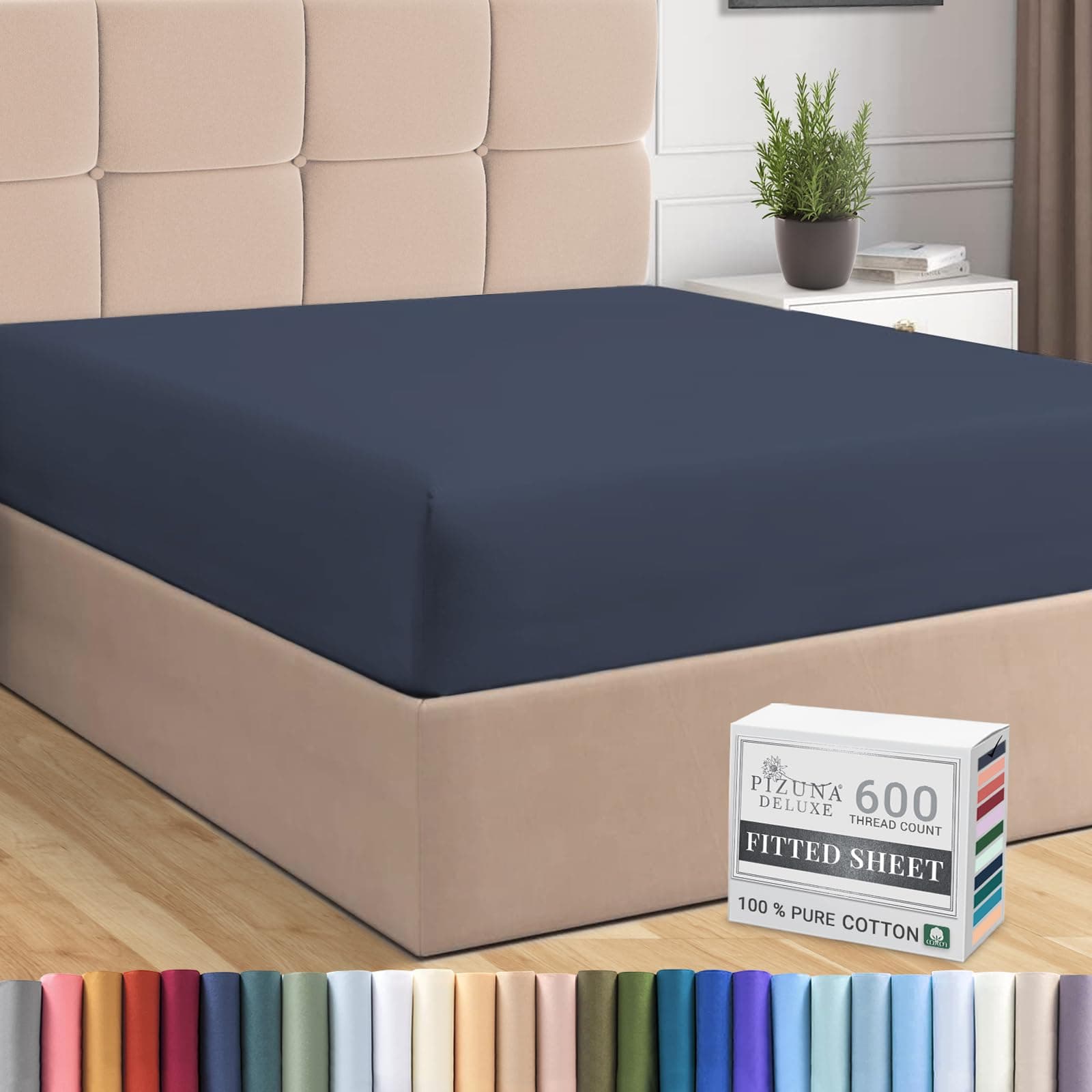 – Pizuna Pure Combed Cotton Single Bed Fitted Sheet Dark Blue, 600 Thread Count 100% Long Staple Cotton Fitted Sheet Single Bed 90 X 200cm, Sateen Weave 40 cm Deep Fitted Sheets 1 PC Dark Blue