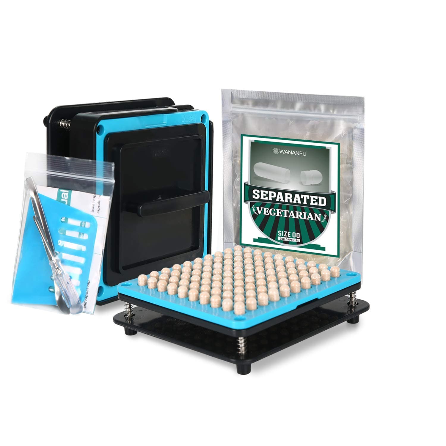 Wananfu Capsule Filling Machine 00 Bundle with 200 Count Separated Empty Vegetarian Capsules 00, Including Detailed Instructions, Spoon and Screwdriver