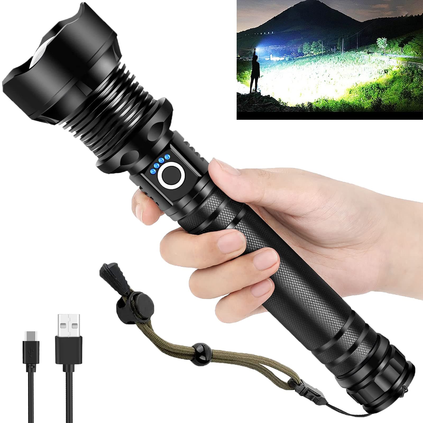 Rechargeable LED Flashlight, 90,000 Lumens Super Bright Tactical Flashlights with Zoomable 10 Modes Waterproof Flash Light for Camping Emergencies Outdoor Indoor