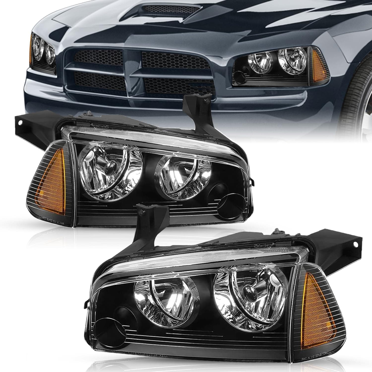 TUSDAR Halogen 4Pcs Headlight Assembly Set Replacement for 2006-2010 Dodge Charger Headlight & Side Marker Corner Lamp OE Replacement Headlamp Driver and Passenger Side Black Housing