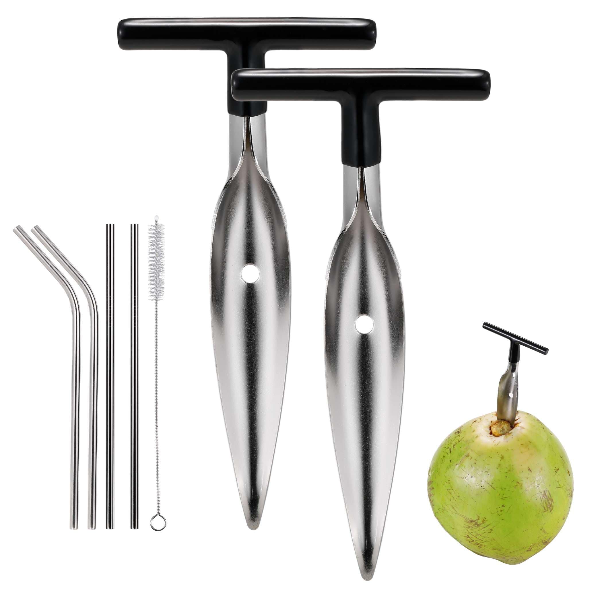 2 Pack Coconut Opener Tool Set with 4 Reusable Straws & Brush, Food Grade Stainless Steel Coco Nut Bottle Opener for Young Thai Green Fresh Coconut Water, Safe and Convenient Coco Drill Punch Tool