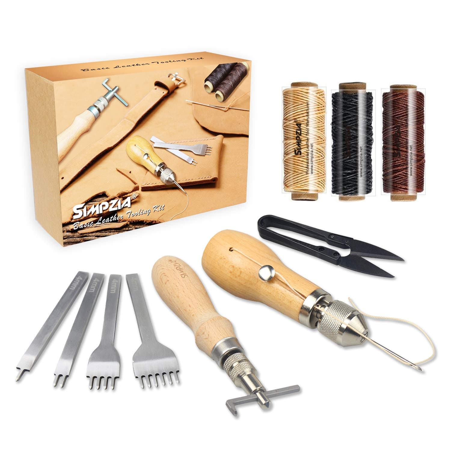 Leather Sewing Kits SIMPZIA Leather Stitching Tools, Leather Tools and Supplies with Hand Stitcher Sewing Awl Kit, Adjustable Stitching Groover, Prong Punch for Leather Craft
