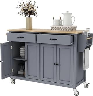 Rolling Kitchen Island with Drawers, Portable Island witth Storage Cabinets, Mobile Kitchen Cart on Wheels with Solid Wood Top, for Dining Room Living Room, Grey Blue