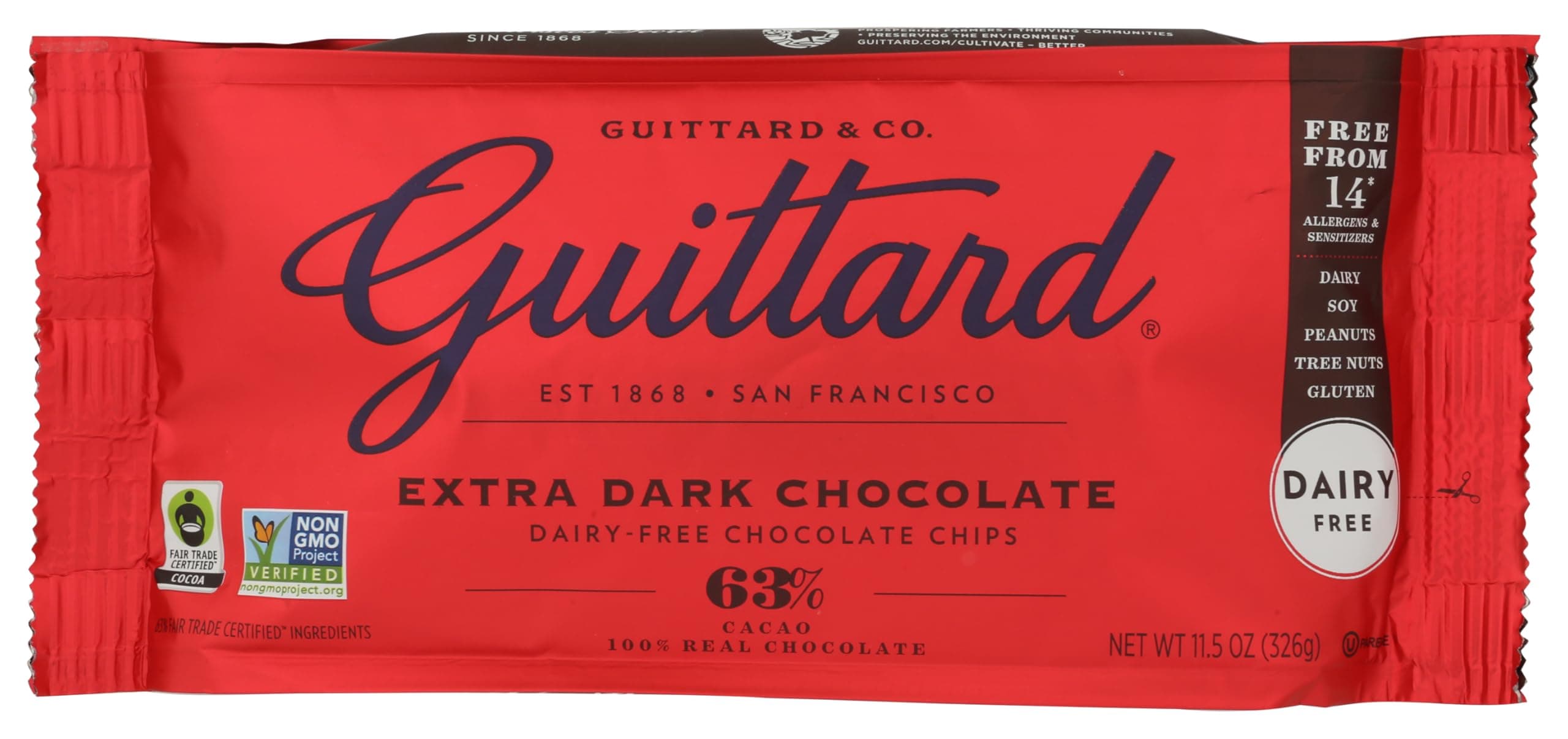 Extra Dark Chocolate Baking Chips 63% Cacao, 11.5oz (326g) | 100% Real Chocolate | Peanut and Tree Nut Free | Fairtrade | Gluten-Free | Certified Kosher | Bake Stable