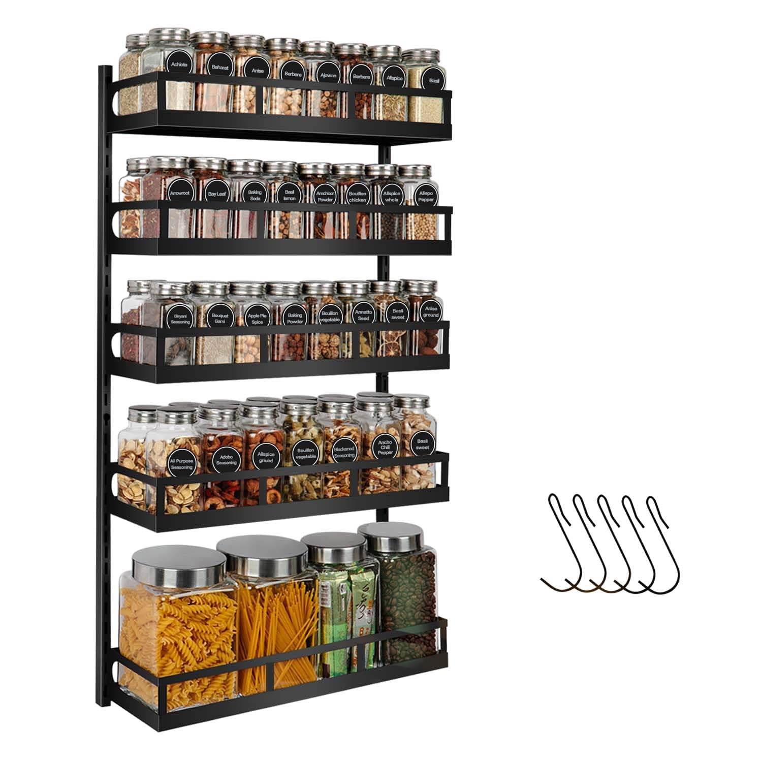X-cosrack Wall Mount Spice Rack Organizer 5 Tier Height-Adjustable Hanging Spice Shelf Storage for Kitchen Pantry Cabinet, Dual-Use Seasoning Holder Rack with Hooks, Black-Patented