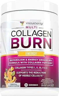 Multi Collagen Burn: MultiType Hydrolyzed Protein Peptides with Hyaluronic Acid, Vitamin C, SOD B Dimpless, Types I, II, III, V and X, with Caffeine 30 Servings Tropical Punch Flavored