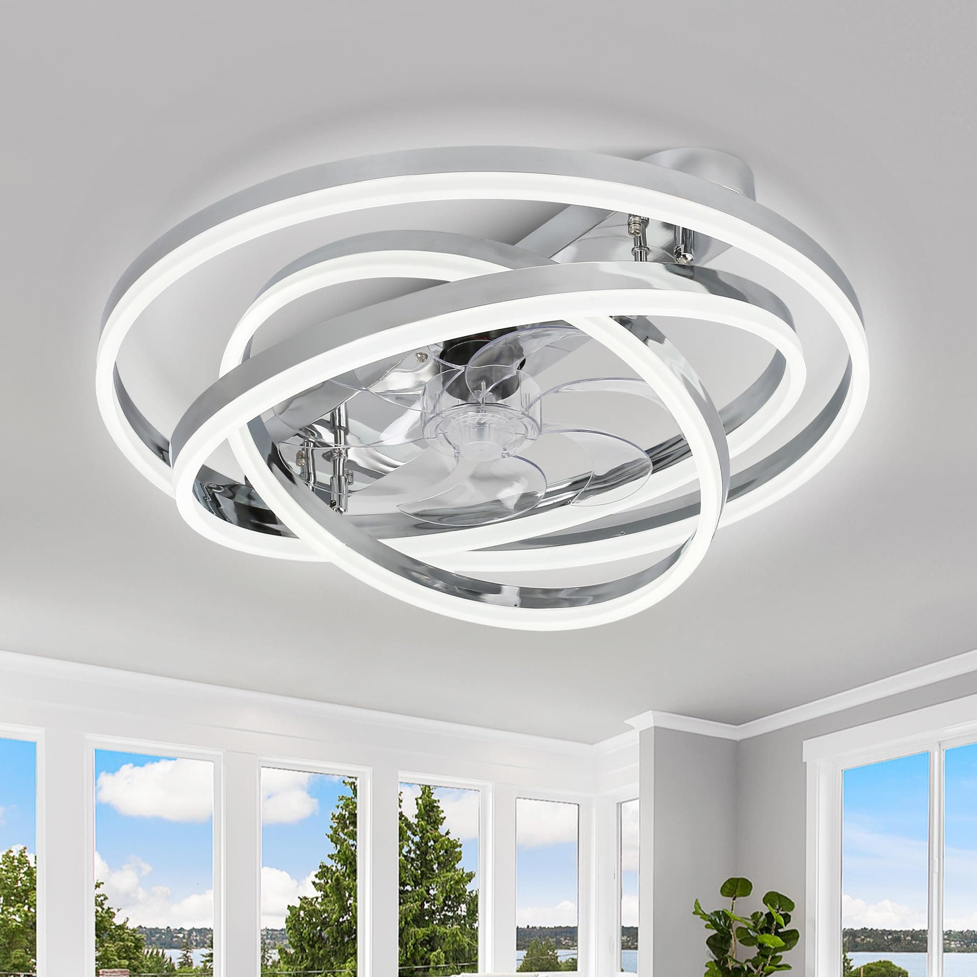 Dawn Whisper Ceiling Fans with Lights, 24" Modern Flush Mount Ceiling Fan with Lights, Shape-Changeable Low Profile Ceiling Fan with Light for Bedroom,Kids Room Chrome