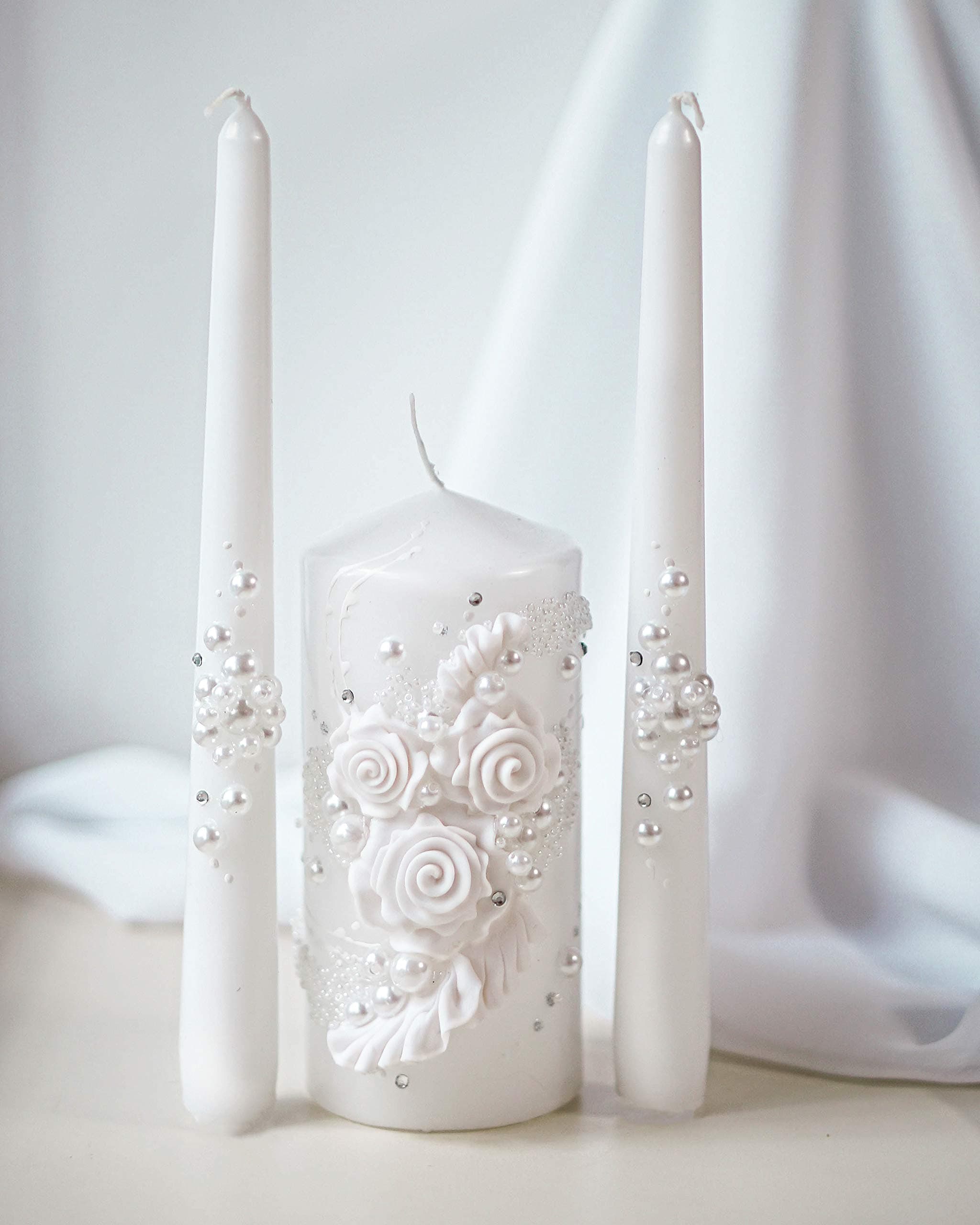 Unity Candle Set - Wedding Ceremony & Reception – 6” Pillar & Two 10” Taper Candles – Long Burning Unity Candles for Marriage Ritual – Handmade in USA – White|Florals|Classic