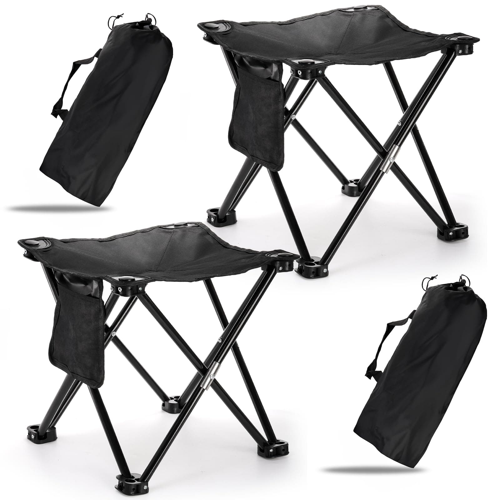 2 Pack Camping Stool, 13 Inch Compact Camping Chair Portable, Lightweight Folding Stool Seat with Side Pocket and Carry Bag for Outdoor Hiking, Fishing, Picnic, Beach and Lawn Party, Black
