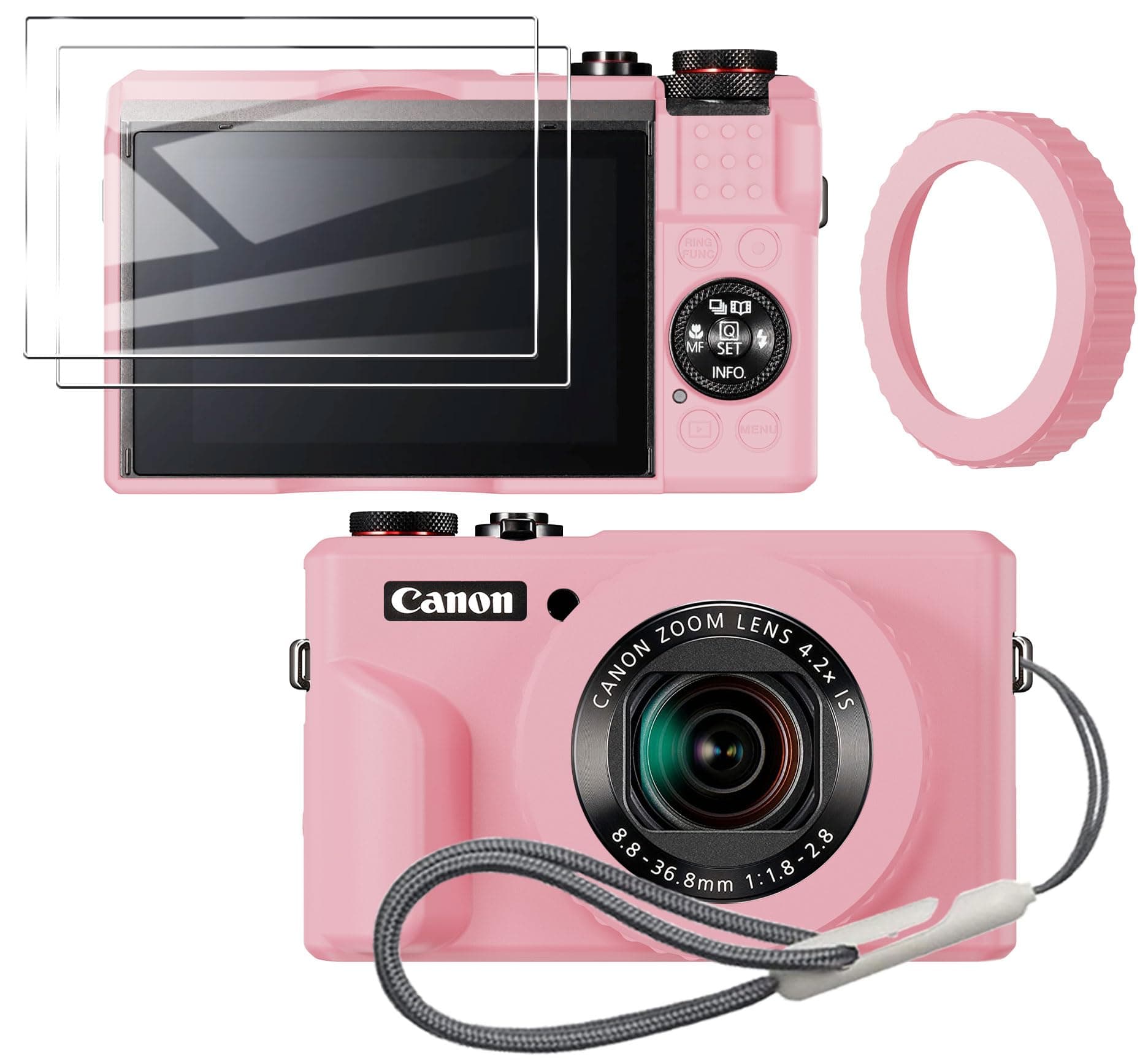 Case for Canon PowerShot g7x Mark ii Camera Removable Lens Cover, Adjustable Focal Length,Silicone Cover Rubber Soft Camera Case and G7x Mark ii Screen Protector 2Pcs -(Pink)