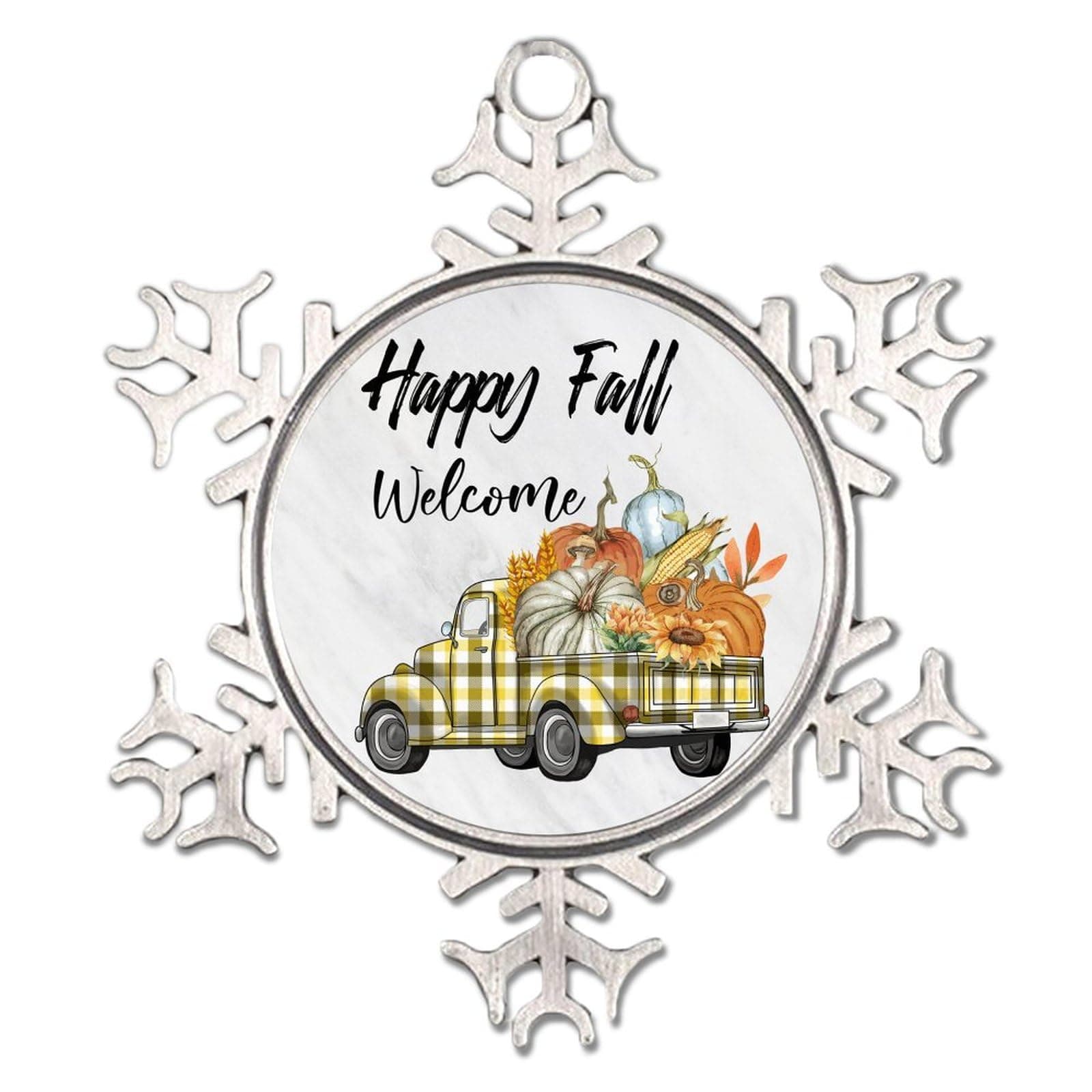 Happy Fall Snowflake Ornaments Christian Maple Leaves Pumpkin Frame Silver Christmas Ornament Xmas Party Decorations Watercolor Teal Blue Farm Truck Personalized Xmas Keepsake Gift for Him Her