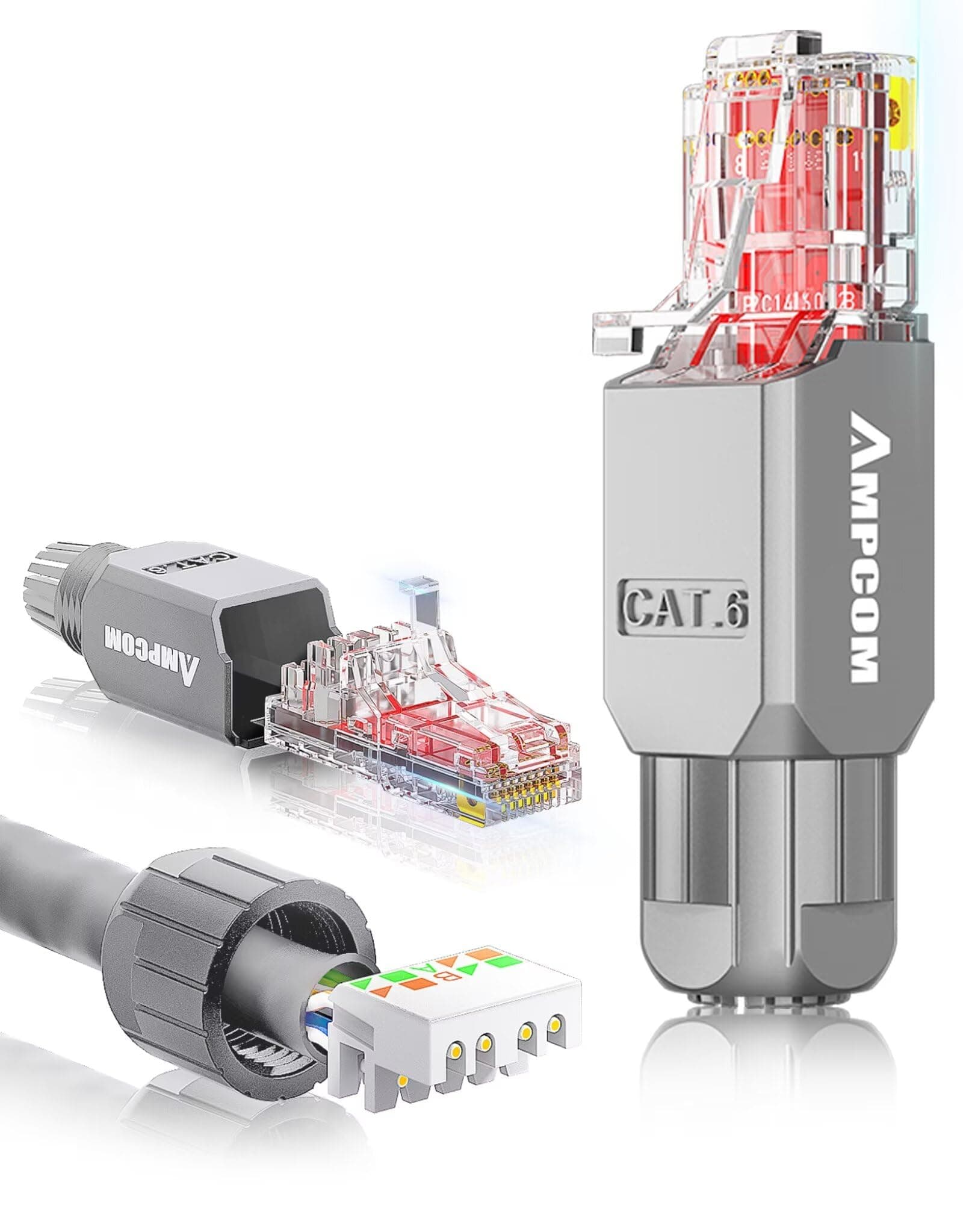 AMPCOM RJ45 Connector（6-Pack） Tool Free Field Termination Modular Plug for Cat6 UTP Ethernet Cable - Gray
