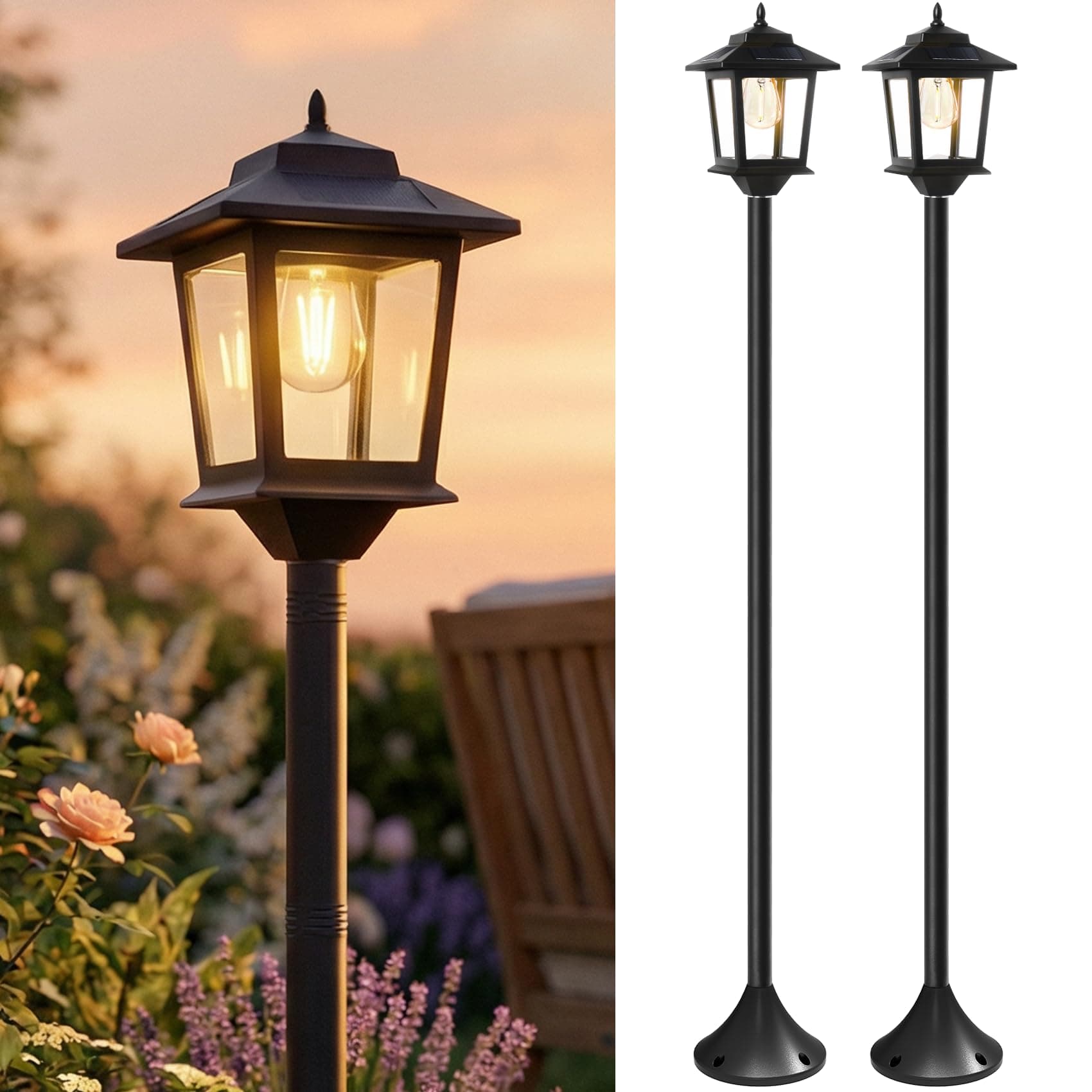 PASAMIC 63 Inch Solar Lamp Post Lights 2 Pack Outdoor Post Lights Waterproof Pole Lights Outdoor Decorative Floor Lamp for Patio Warm White Replaceable Bulbs