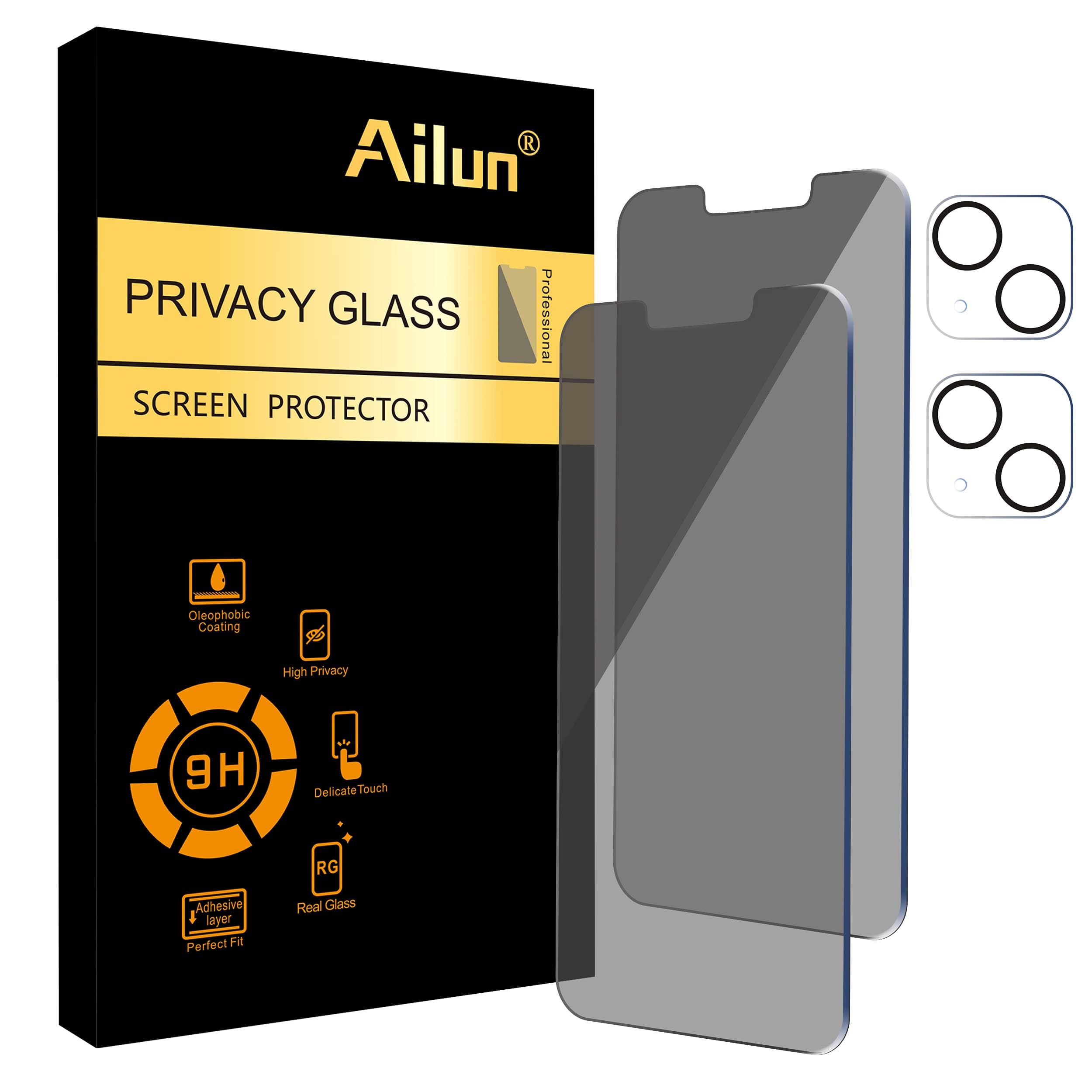 Ailun Privacy Screen Protector for iPhone 13 Mini [5.4 inch] 2 Pack + 2 Pack Camera Lens Protector Anti-Spy Private Tempered Glass Film [9H Hardness] - HD [Black]