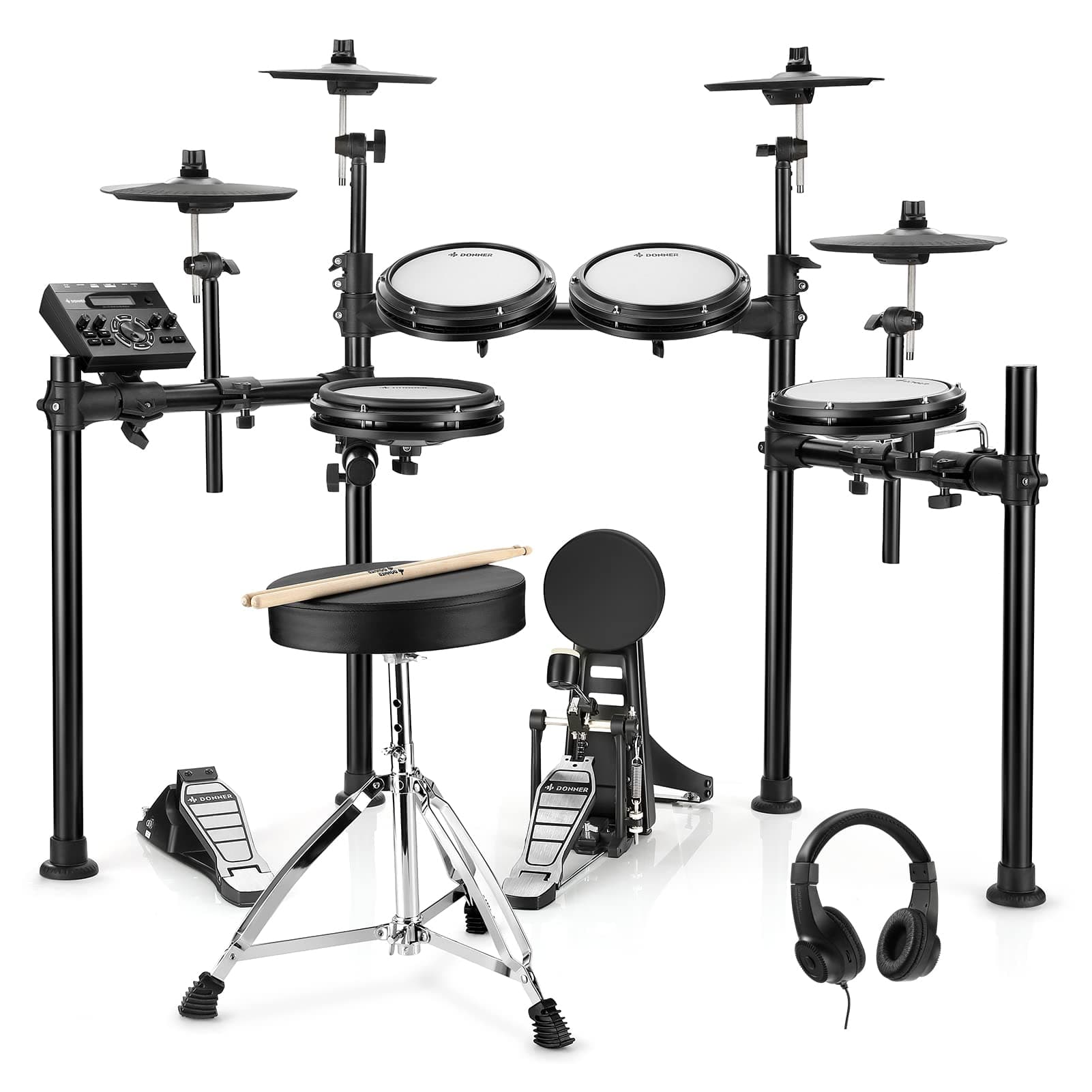 Donner DED-200X Electronic Drum Set, Electric Drum Kit with Quiet Mesh Drum Pads, 2 Cymbals w/Choke, 31 Kits and 450+ Sounds, Throne, Headphones, Sticks, USB MIDI, Melodics Lessons (5 Pads, 4 Cymbals)