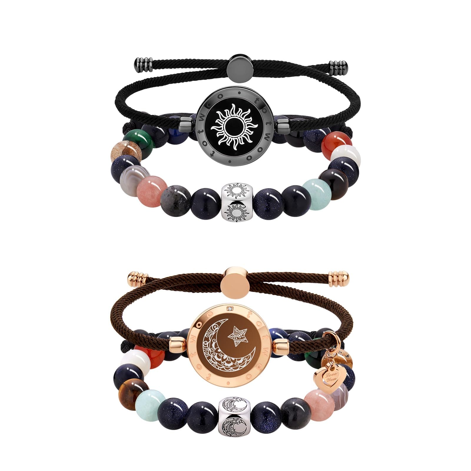 Bracelet Stacking Set: Smart Touch Bracelet with Stylish Non-Smart Beads, Long Distance Touch Bracelets for Couples, Nature Stone Bead Bracelets with Adjustable Rope, Modern Jewelry Gift for Women Men