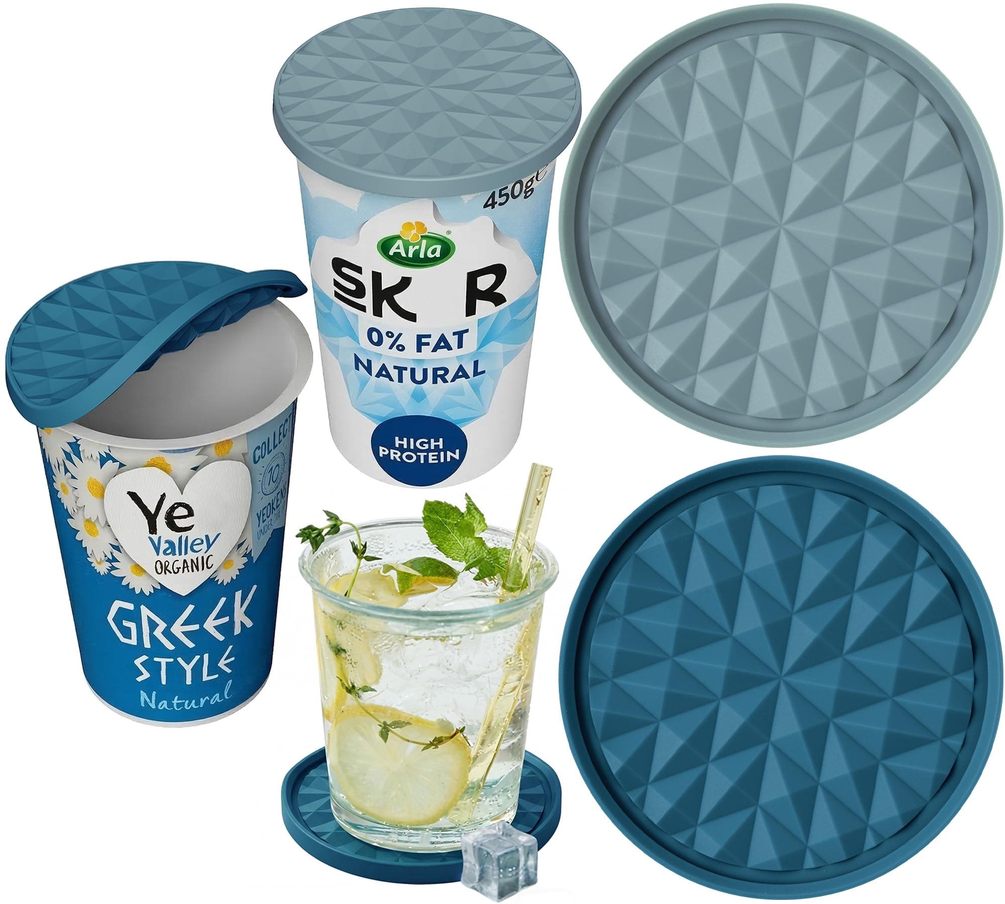 Yoghurt Pot Lids ONLY Fit 9.5cm Diameter Pots(2 pcs, Dark blue & Light blue) Reusable Silicone Large Tops, Reversible to Coaster, for 9.5cm Yogurt, Cream Pots