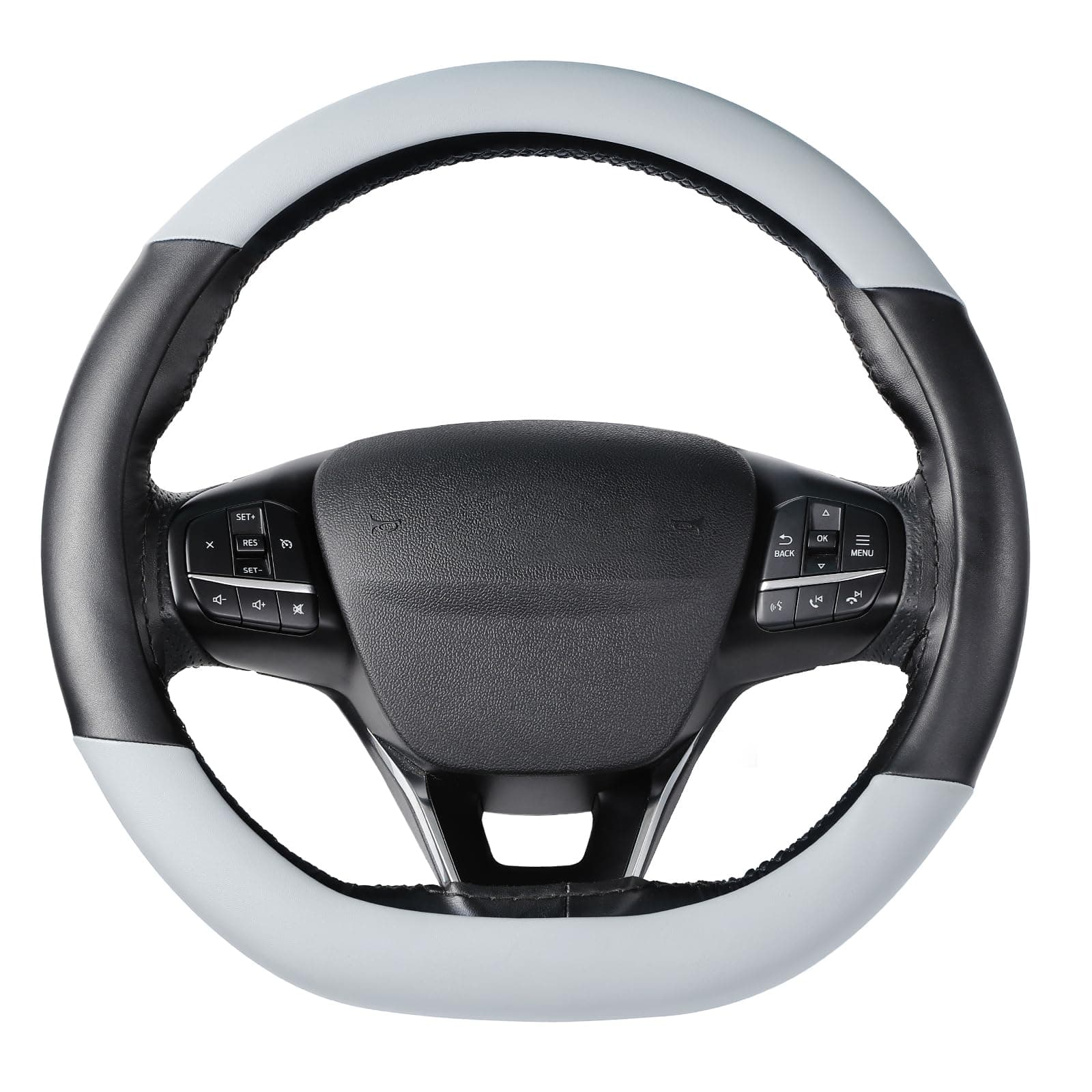 SEG Direct Flat Bottom Steering Wheel Cover, D Shaped Car Wheel Cover 14 1/2-15 in. (37-39 cm), Black Gray Microfiber Leather