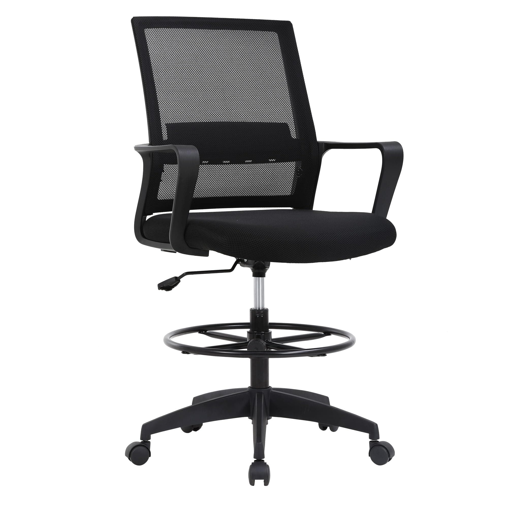 BestOffice Drafting Chair Tall Office Chair Adjustable Swivel Rolling Mesh Height with Lumbar Support Arms Footrest Mid Back for Adults Standing Desk Drafting Stool(Black)