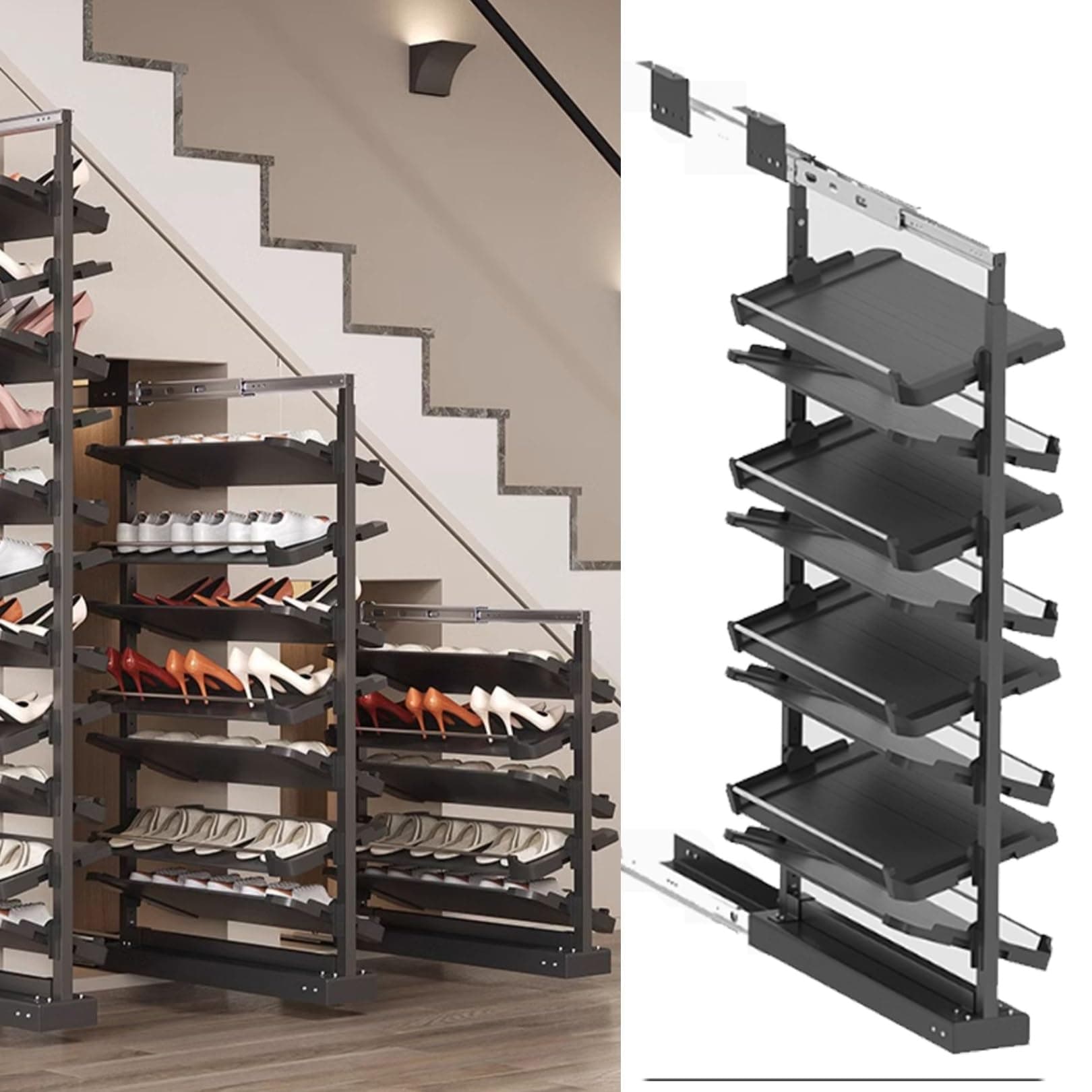 Pull-Out Shoe Rack Organizer for Closet Shoe Cabinet,Adjustable Height Retractable Metal Stackable Shoe Rack, Vertical Shelf Organizer for Small Bedroom Closet, Space Saving Storage, Black(68cm,8 Tier