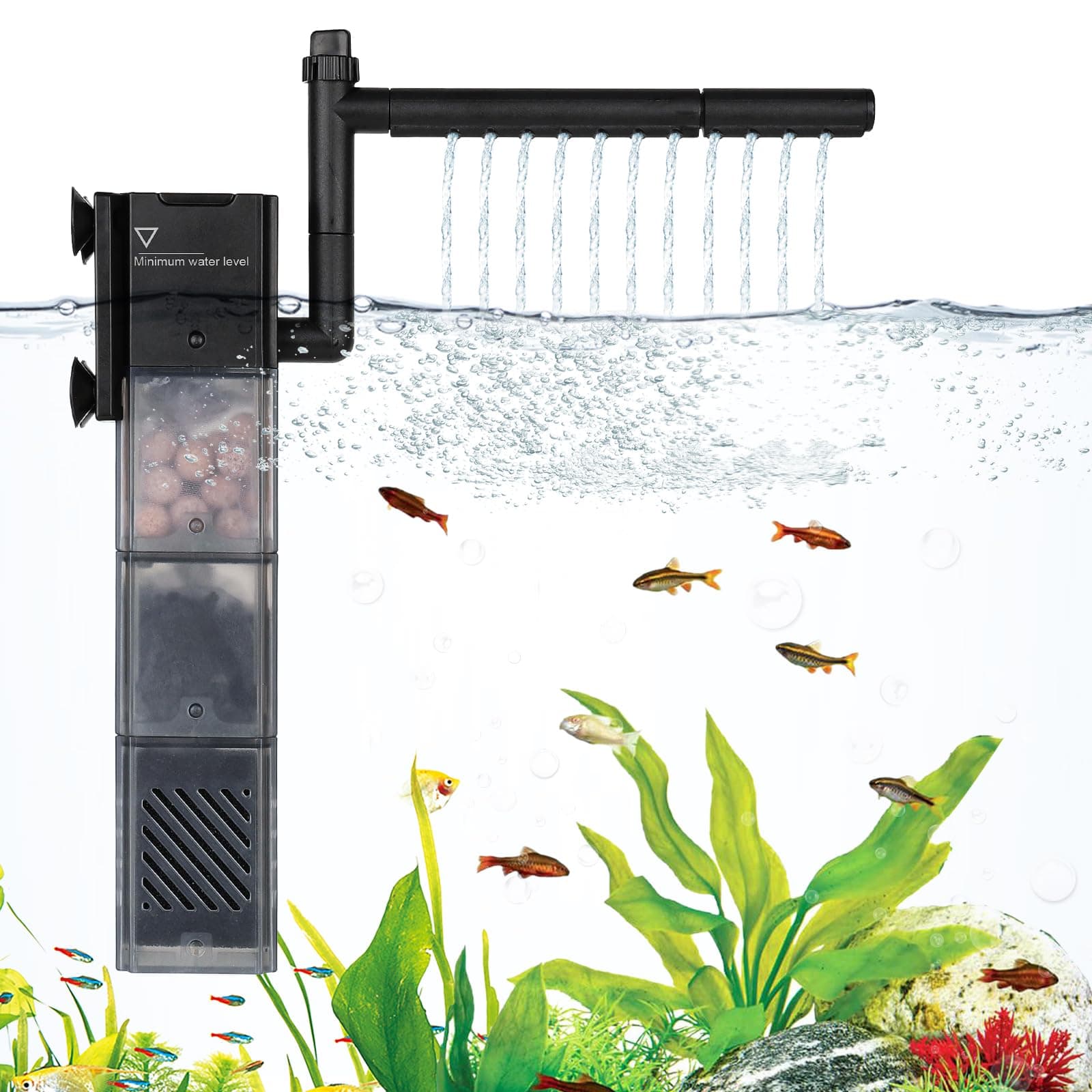 hygger 5-in-1 Power Quiet Fish Tank Filter,3-Stages Filtration Internal Aquarium Filter with Aeration & Rainfal (8W)