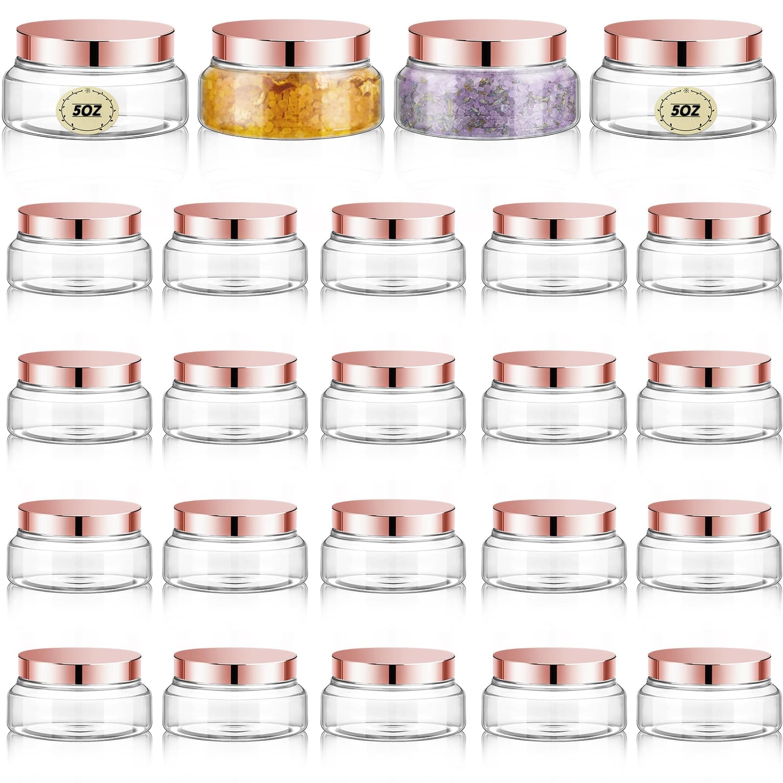 Tessco for you 24 Pack Plastic Jars with Lids Labels Multiuse Containers Empty Body Scrub Jars Round Refillable Cosmetic Body Butter Containers for DIY Slime Make Up Storage(5 oz,Clear, Rose Gold)